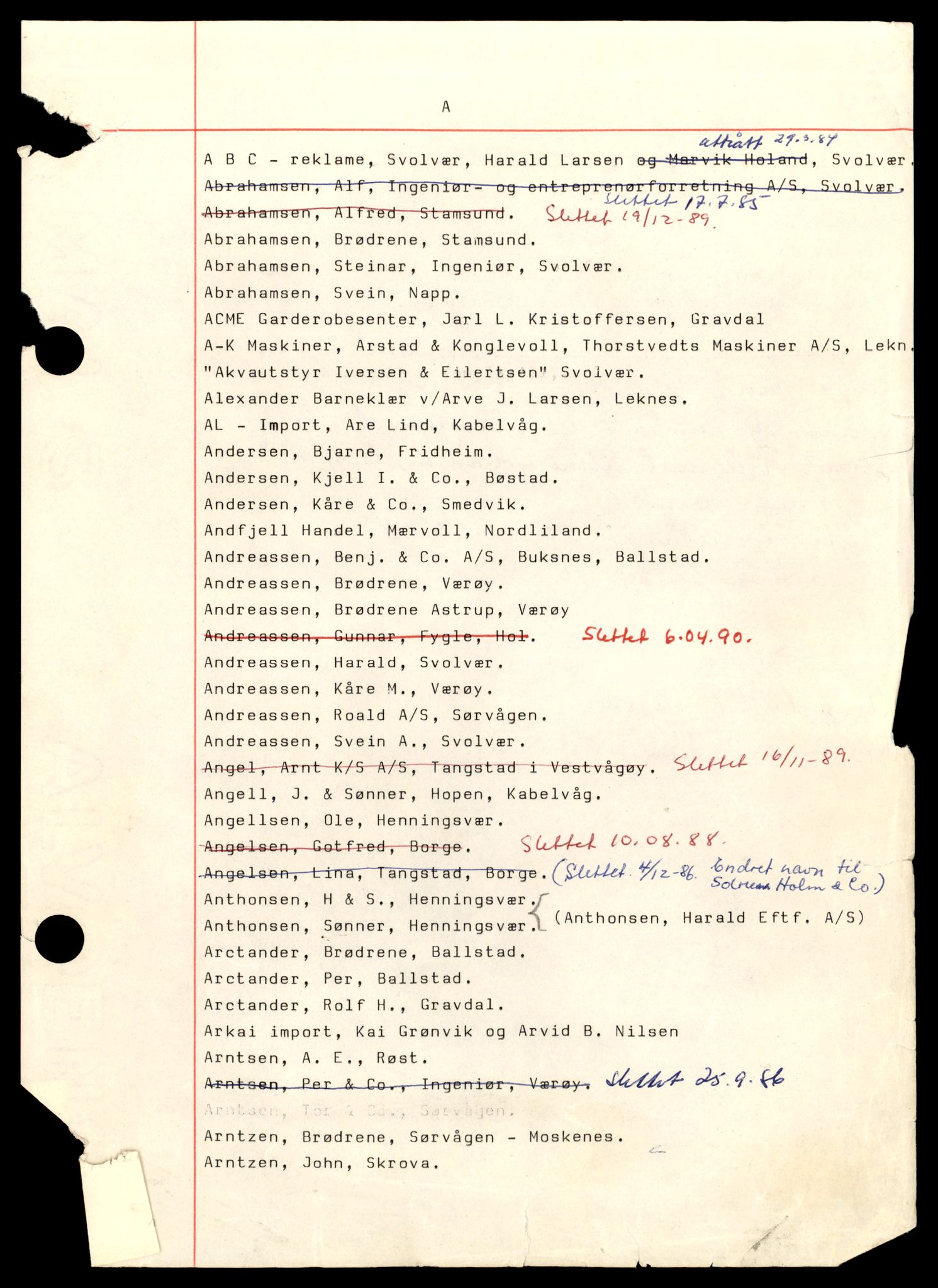 Lofoten sorenskriveri, AV/SAT-A-0017/2/J/Jc/Jcd/L0001: Enkeltmannsforetak, aksjeselskap og andelslag, A-G , 1944-1990, p. 1