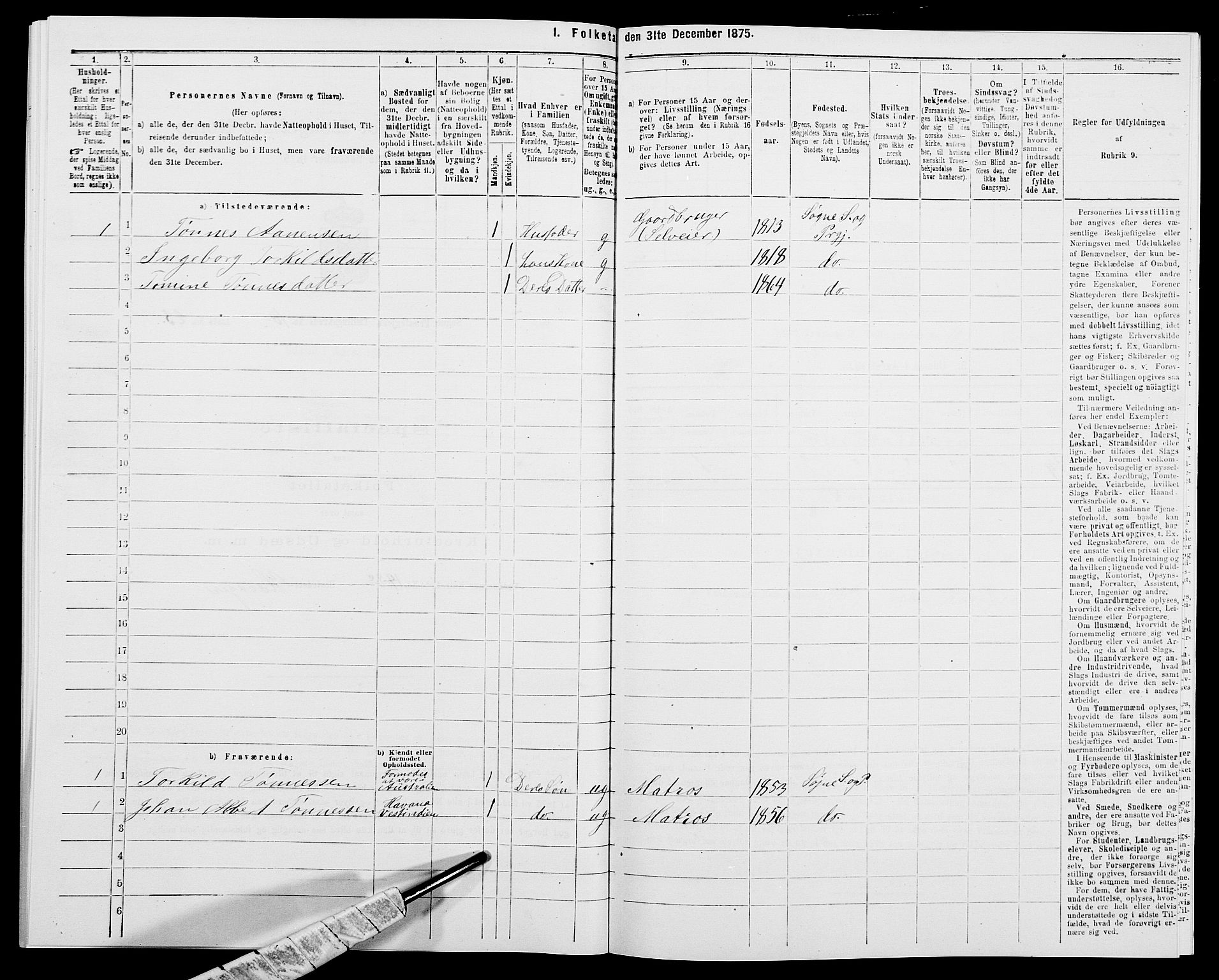 SAK, 1875 census for 1018P Søgne, 1875, p. 829