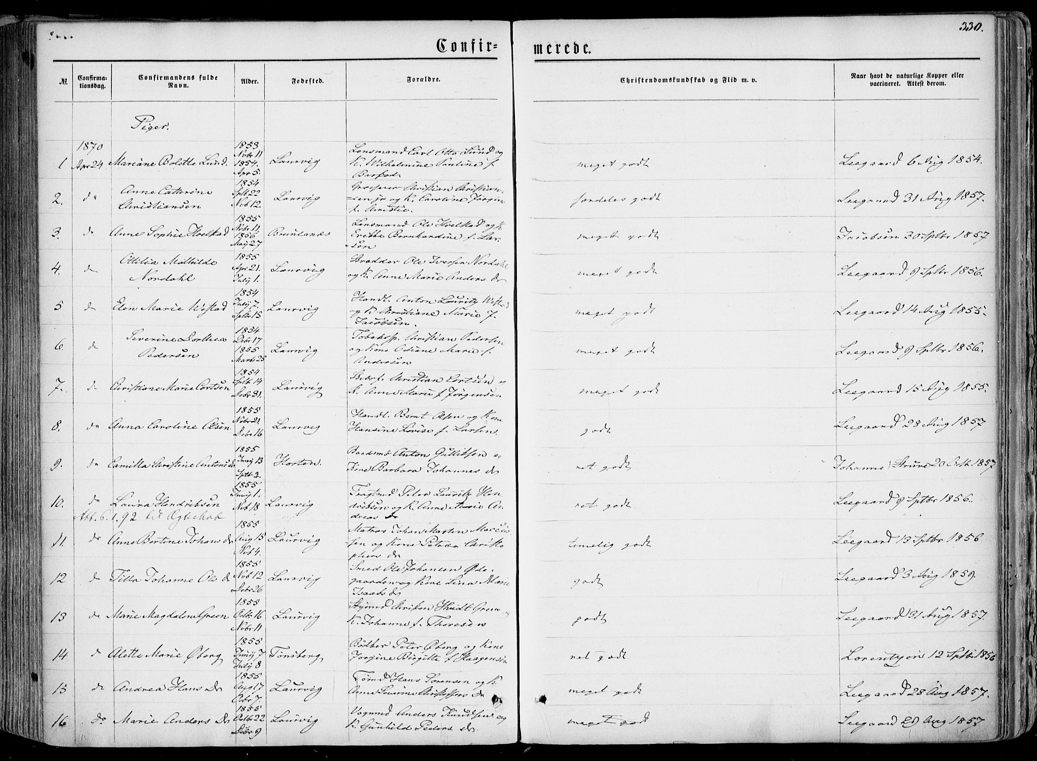 Larvik kirkebøker, AV/SAKO-A-352/F/Fa/L0004: Parish register (official) no. I 4, 1856-1870, p. 330