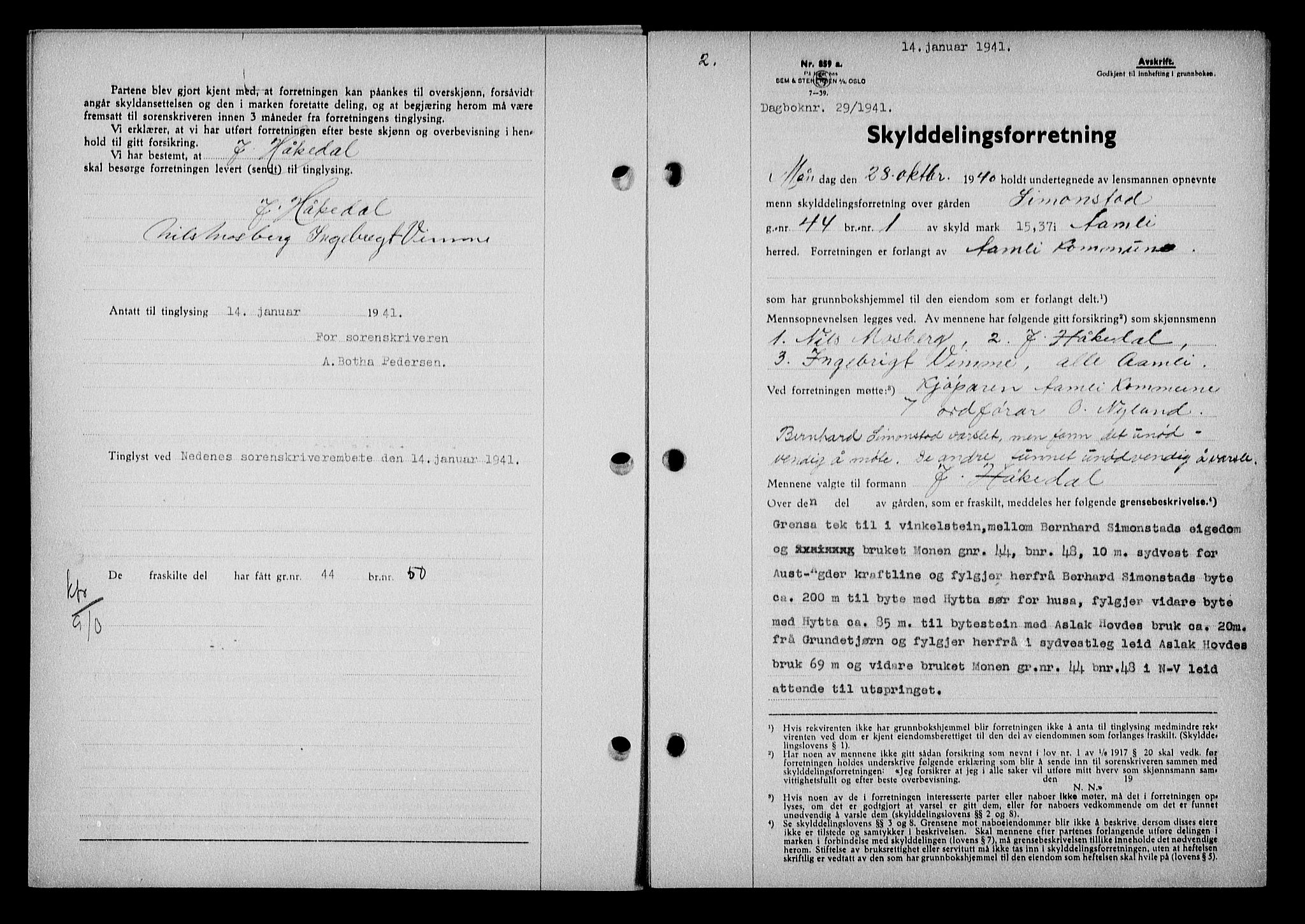 Nedenes sorenskriveri, SAK/1221-0006/G/Gb/Gba/L0048: Mortgage book no. A-II, 1940-1941, Diary no: : 29/1941