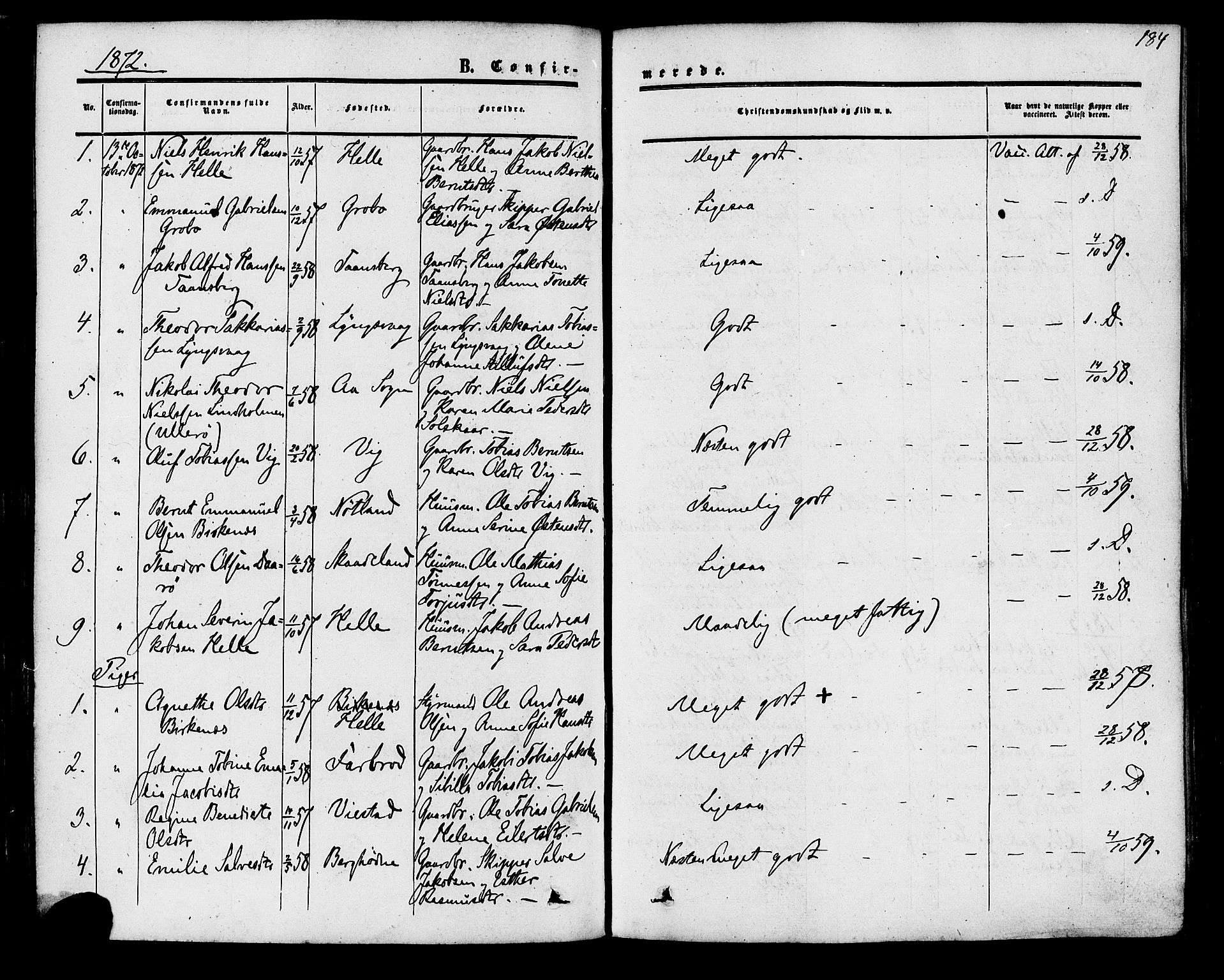 Herad sokneprestkontor, SAK/1111-0018/F/Fa/Fab/L0004: Parish register (official) no. A 4, 1853-1885, p. 184