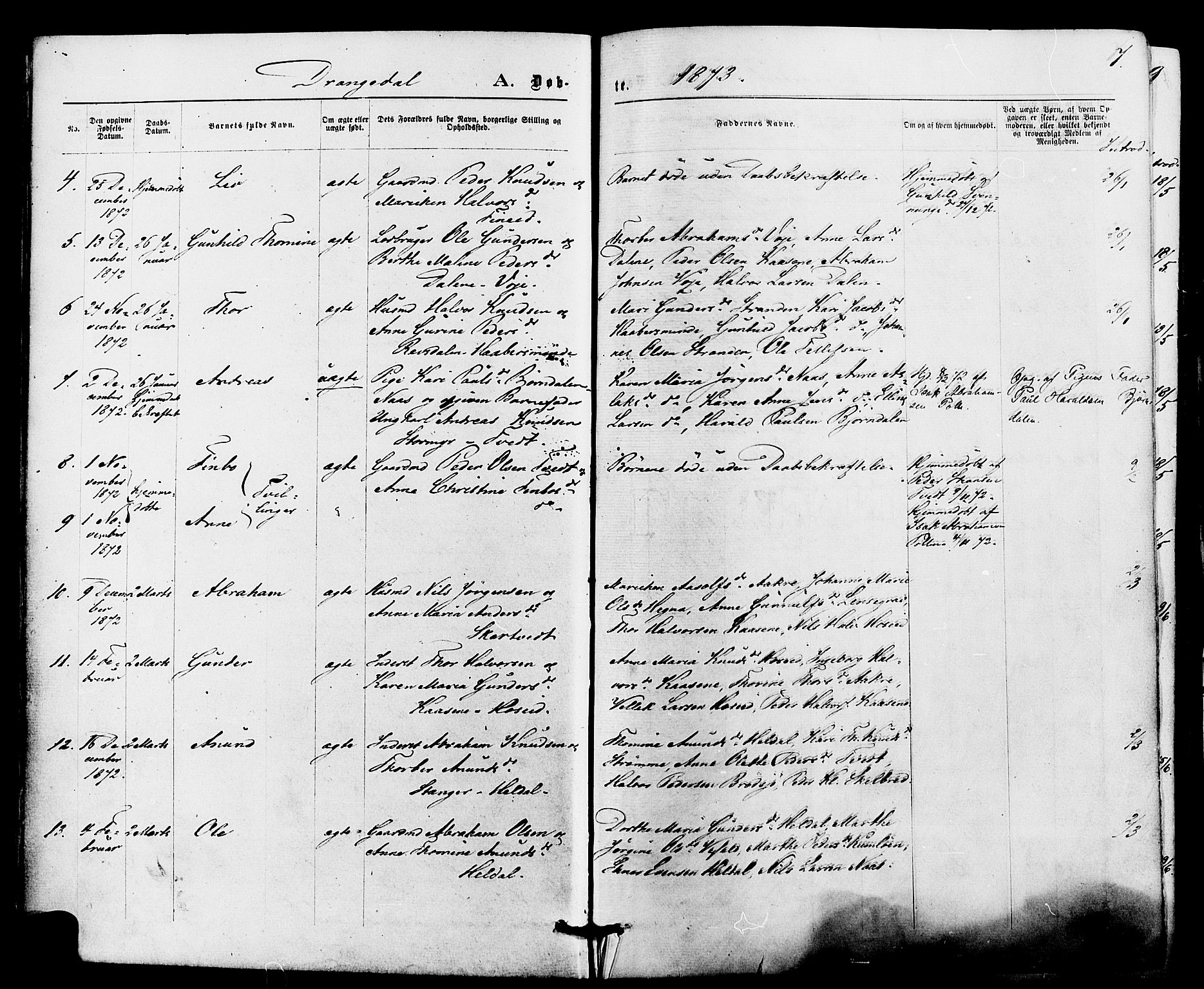 Drangedal kirkebøker, AV/SAKO-A-258/F/Fa/L0009: Parish register (official) no. 9 /1, 1872-1884, p. 7