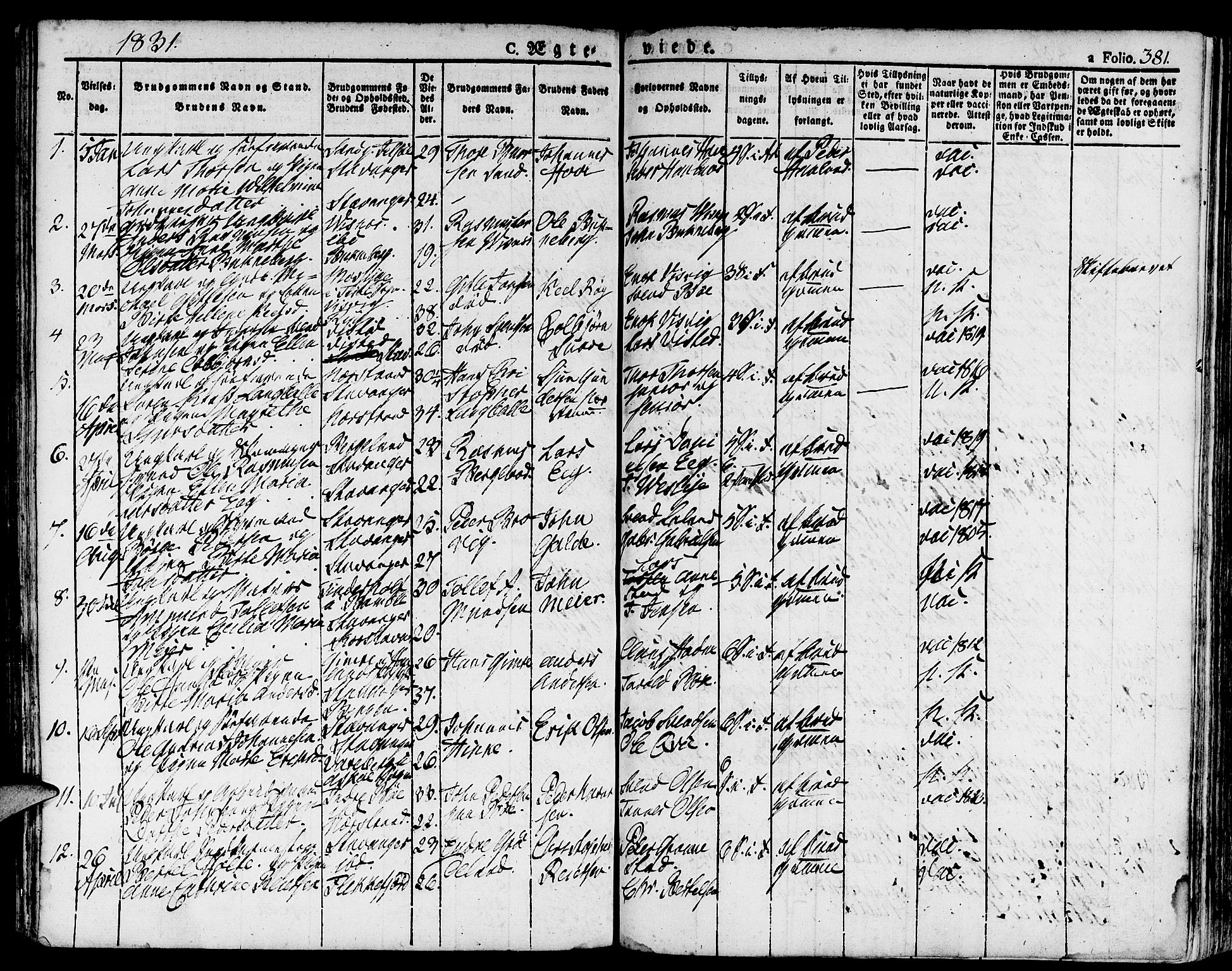 Domkirken sokneprestkontor, SAST/A-101812/001/30/30BA/L0009: Parish register (official) no. A 9, 1821-1832, p. 381