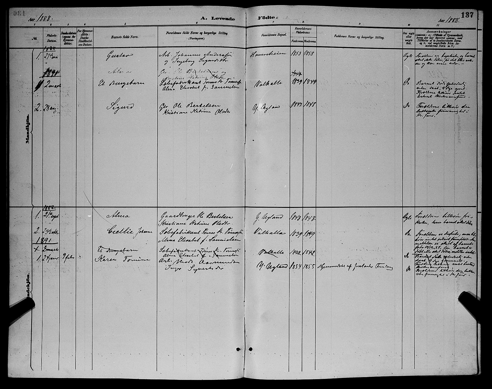 Oddernes sokneprestkontor, SAK/1111-0033/F/Fb/Fba/L0008: Parish register (copy) no. B 8, 1887-1898, p. 137
