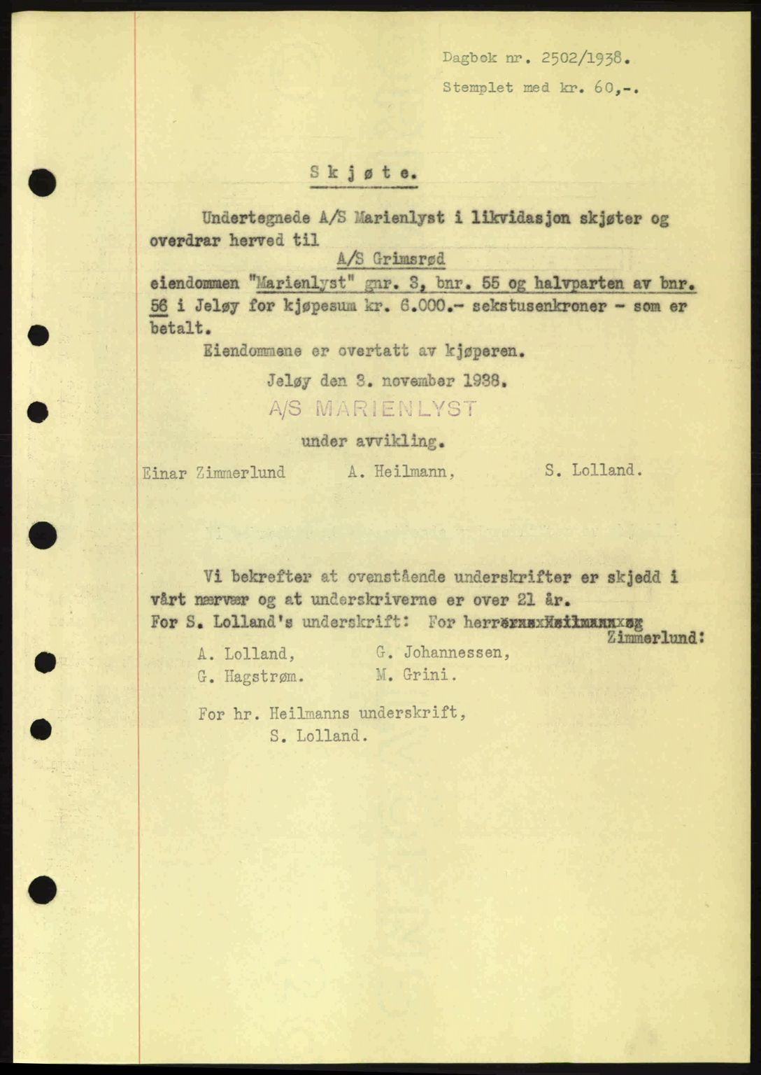 Moss sorenskriveri, SAO/A-10168: Mortgage book no. A5, 1938-1939, Diary no: : 2502/1938