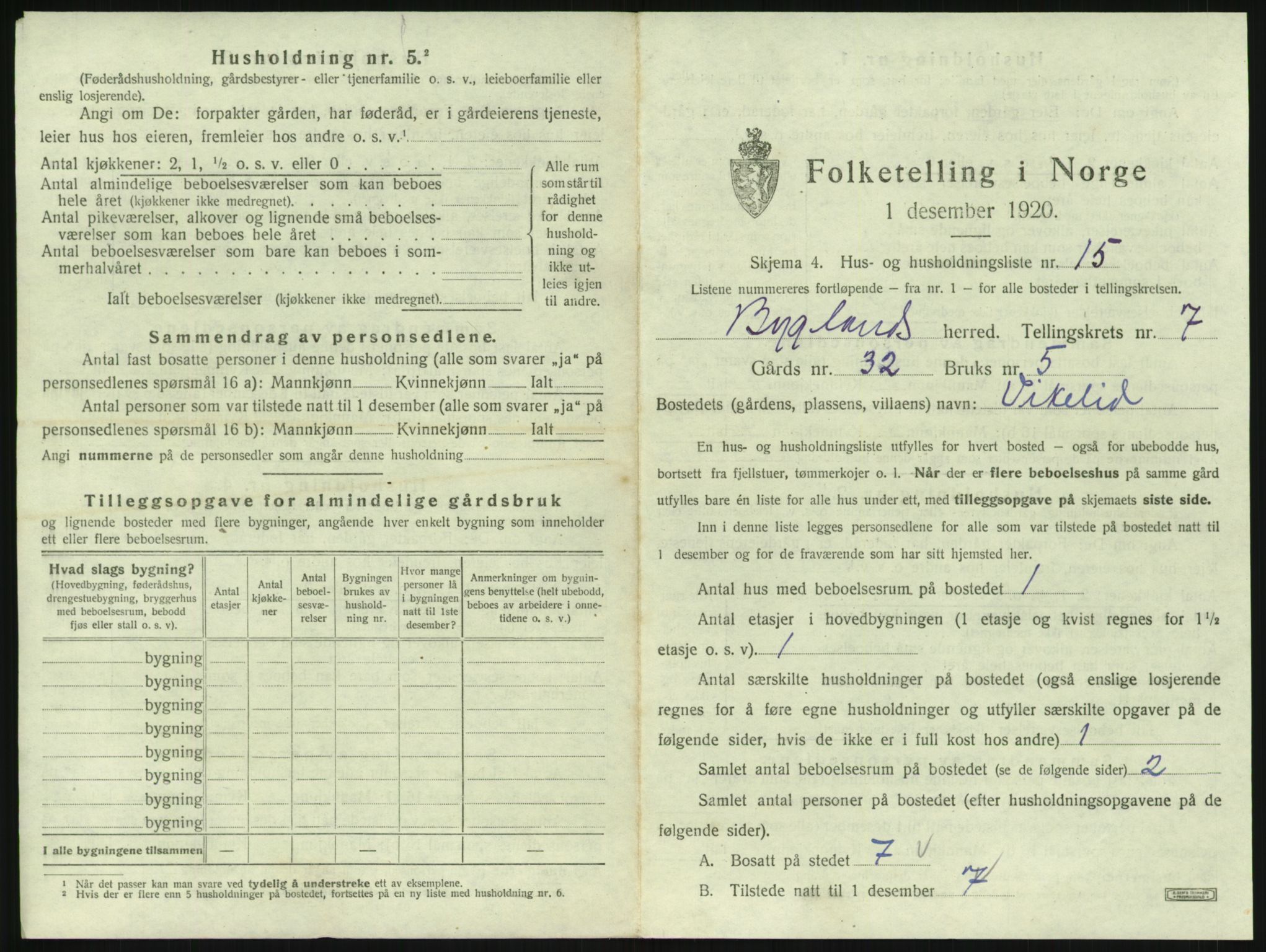 SAK, 1920 census for Bygland, 1920, p. 399