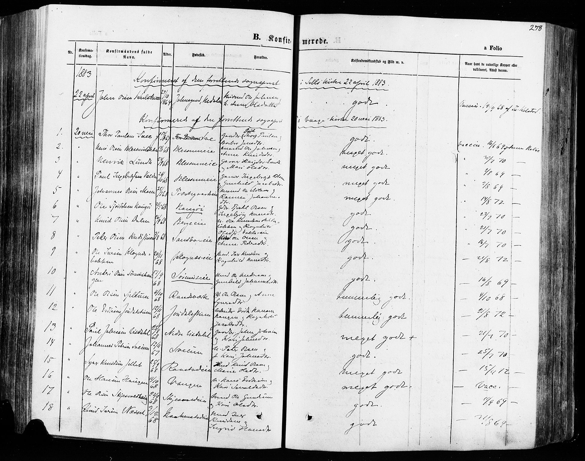 Vågå prestekontor, SAH/PREST-076/H/Ha/Haa/L0007: Parish register (official) no. 7 /1, 1872-1886, p. 278