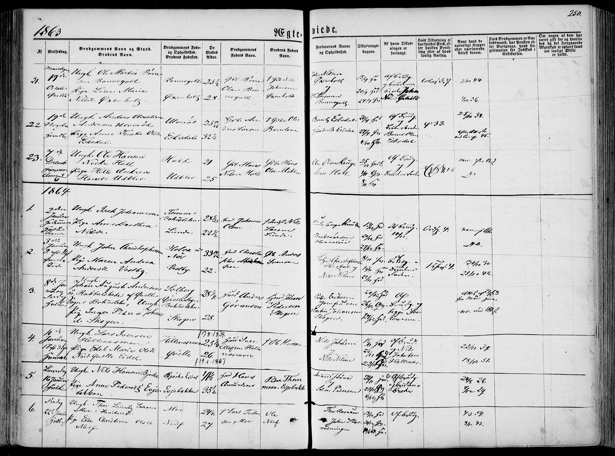 Hedrum kirkebøker, SAKO/A-344/F/Fa/L0007: Parish register (official) no. I 7, 1857-1868, p. 250