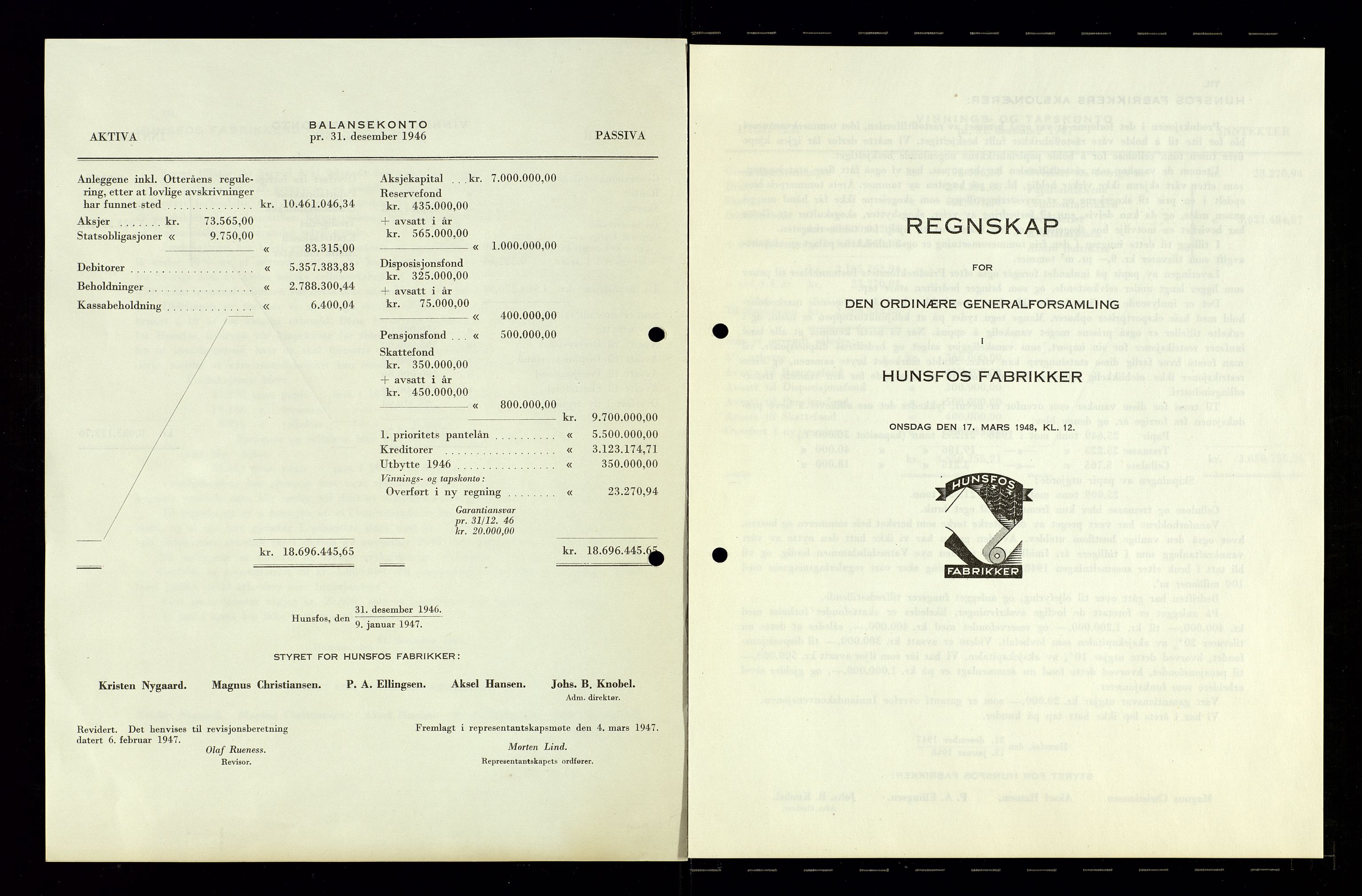 Hunsfos fabrikker, SAK/D/1440/01/L0001/0003: Vedtekter, anmeldelser og årsberetninger / Årsberetninger og regnskap, 1918-1989, p. 99
