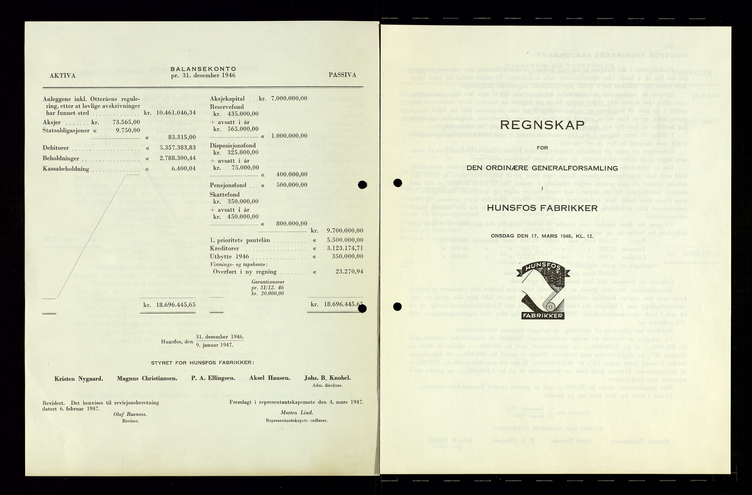 Hunsfos fabrikker, AV/SAK-D/1440/01/L0001/0003: Vedtekter, anmeldelser og årsberetninger / Årsberetninger og regnskap, 1918-1989, p. 99