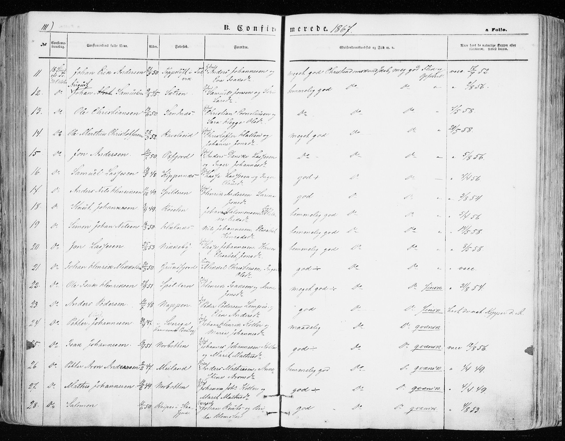 Skjervøy sokneprestkontor, AV/SATØ-S-1300/H/Ha/Haa/L0007kirke: Parish register (official) no. 7, 1860-1870, p. 111