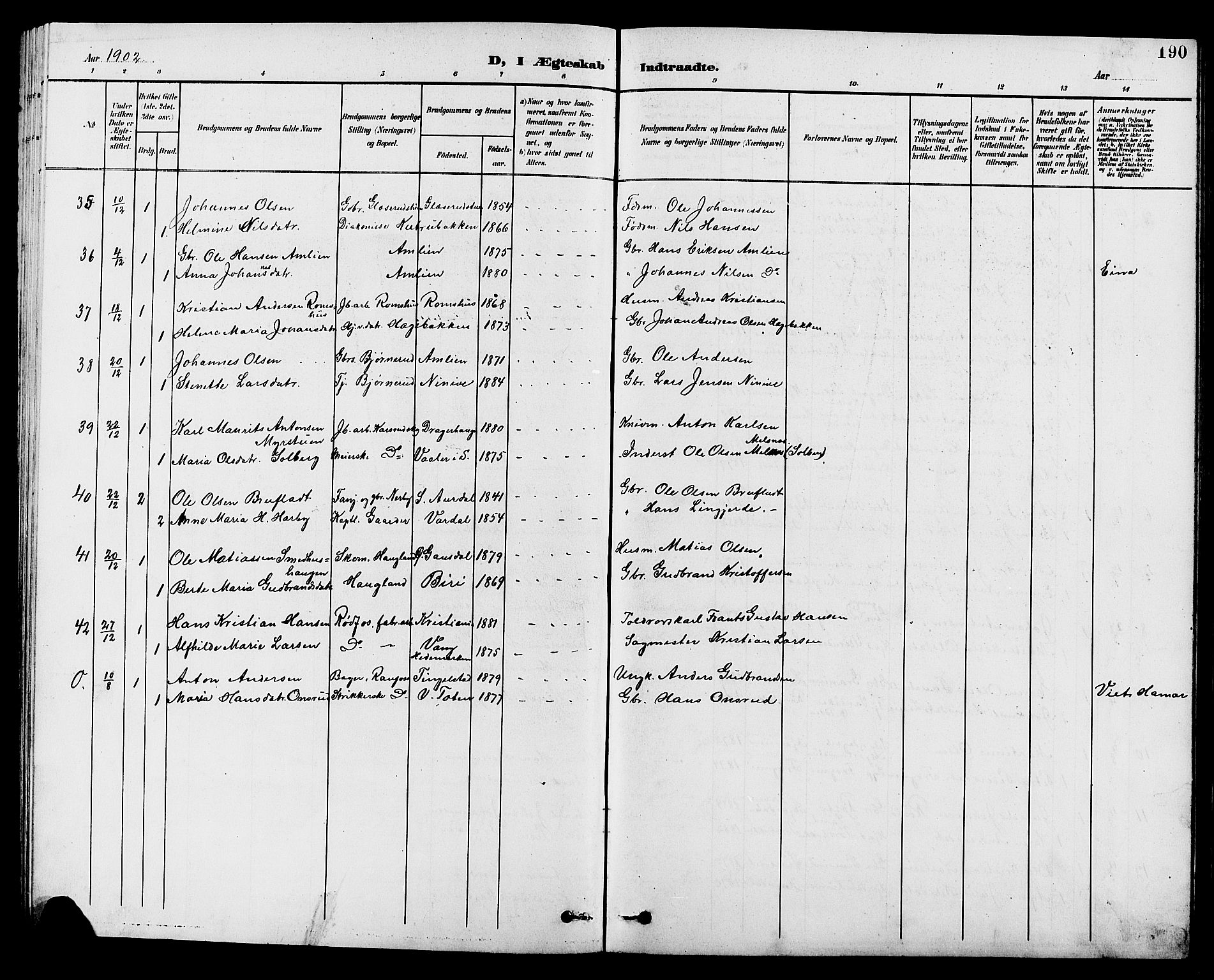 Vestre Toten prestekontor, SAH/PREST-108/H/Ha/Hab/L0010: Parish register (copy) no. 10, 1900-1912, p. 190