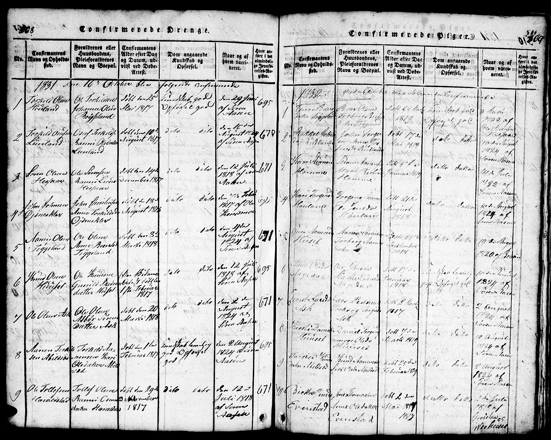 Bjelland sokneprestkontor, SAK/1111-0005/F/Fb/Fba/L0003: Parish register (copy) no. B 3, 1816-1870, p. 508-509