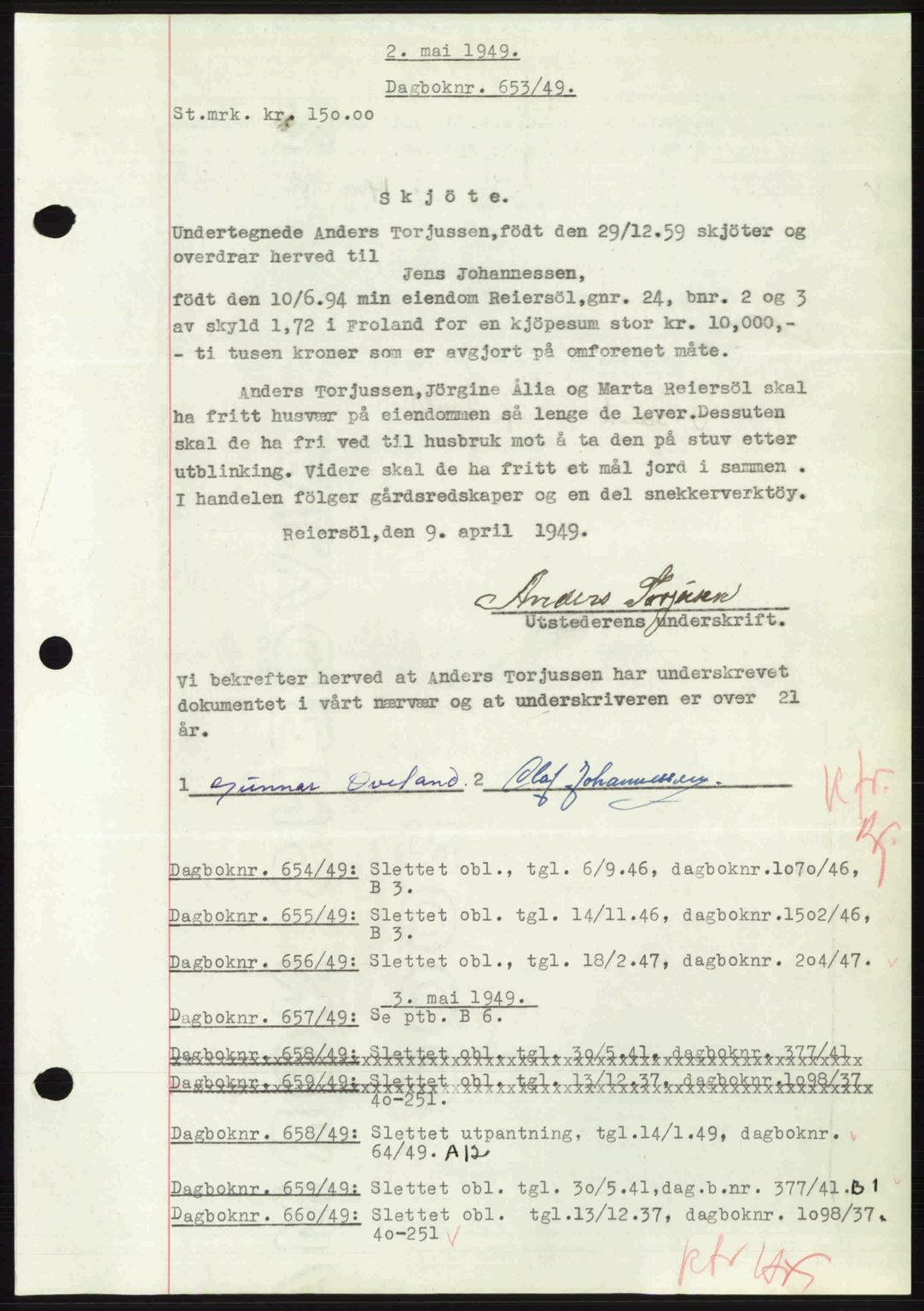 Nedenes sorenskriveri, AV/SAK-1221-0006/G/Gb/Gba/L0060: Mortgage book no. A12, 1948-1949, Diary no: : 653/1949