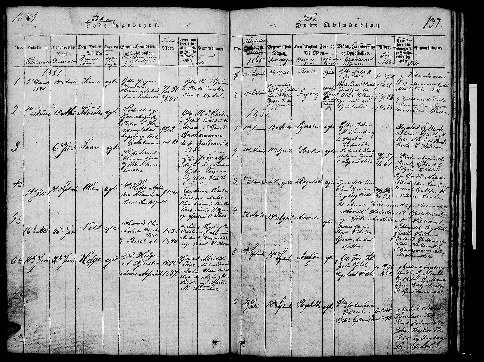 Vang prestekontor, Valdres, SAH/PREST-140/H/Hb/L0002: Parish register (copy) no. 2, 1814-1889, p. 137