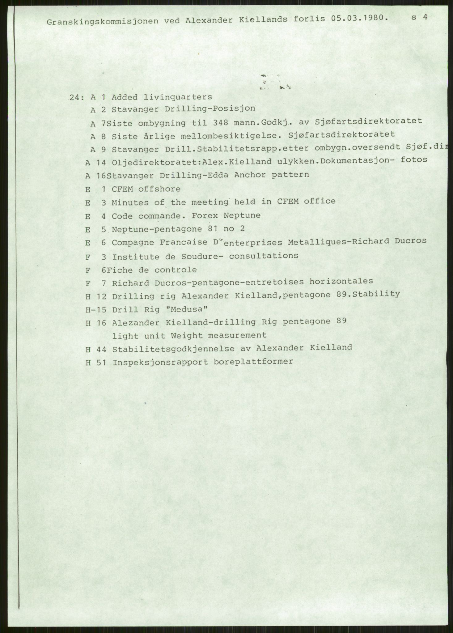 Justisdepartementet, Granskningskommisjonen ved Alexander Kielland-ulykken 27.3.1980, AV/RA-S-1165/D/L0024: A Alexander L. Kielland (A1-A2, A7-A9, A14, A22, A16 av 31)/ E CFEM (E1, E3-E6 av 27)/ F Richard Ducros (Doku.liste + F1-F6 av 8)/ H Sjøfartsdirektoratet/Skipskontrollen (H12, H14-H16, H44, H49, H51 av 52), 1980-1981, p. 1