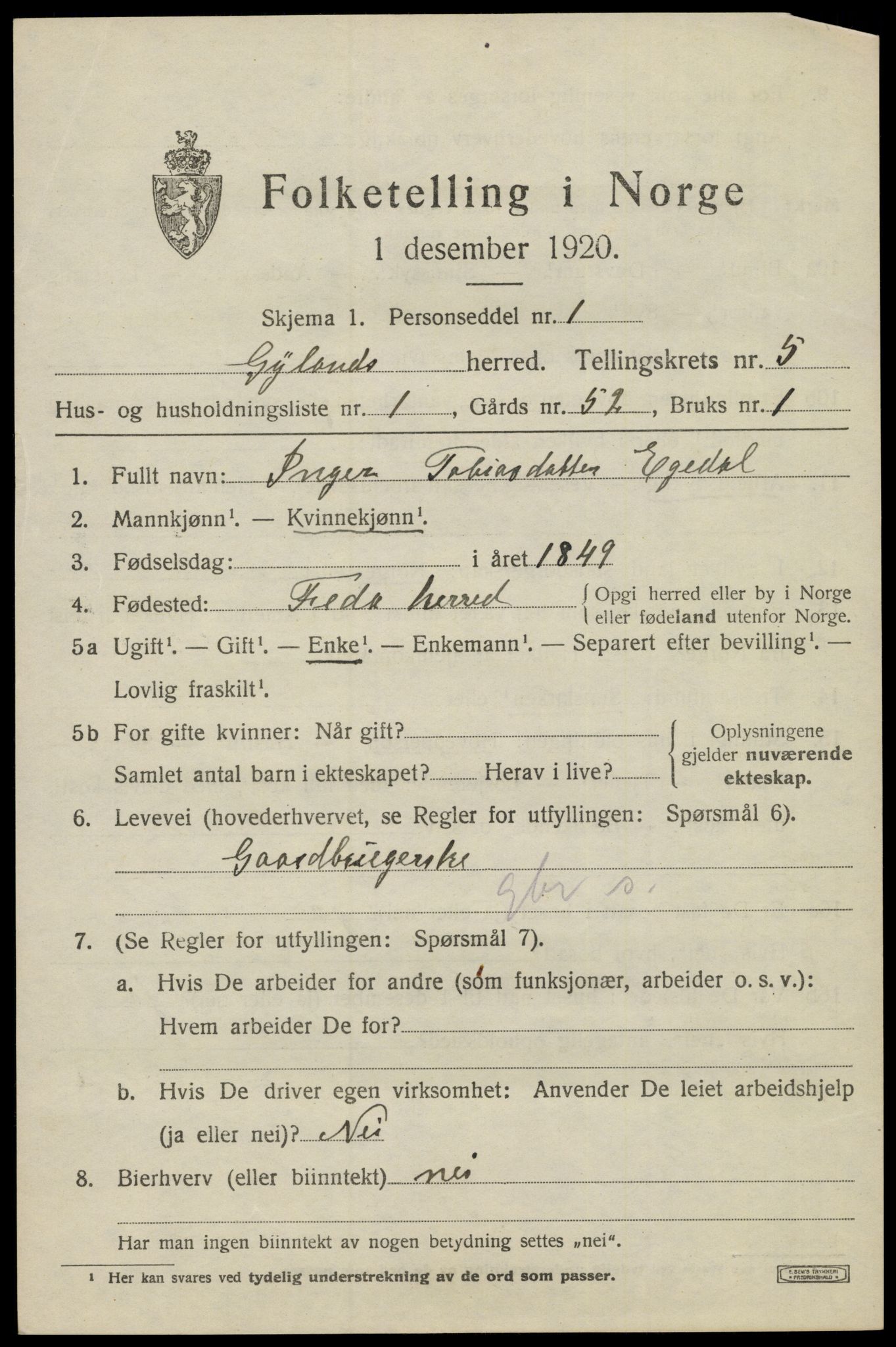 SAK, 1920 census for Gyland, 1920, p. 1188