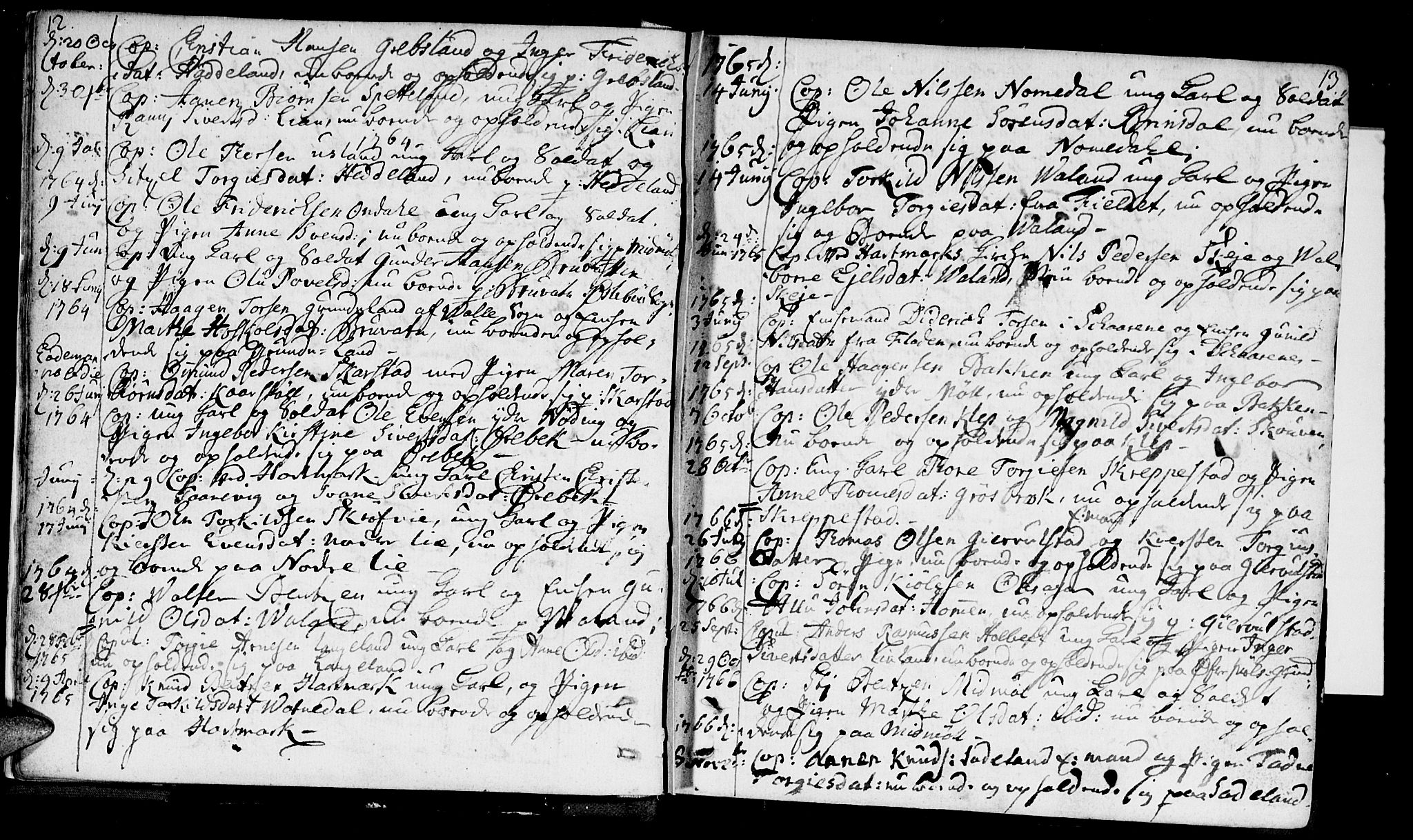 Holum sokneprestkontor, SAK/1111-0022/F/Fa/Faa/L0002: Parish register (official) no. A 2, 1756-1780, p. 12-13