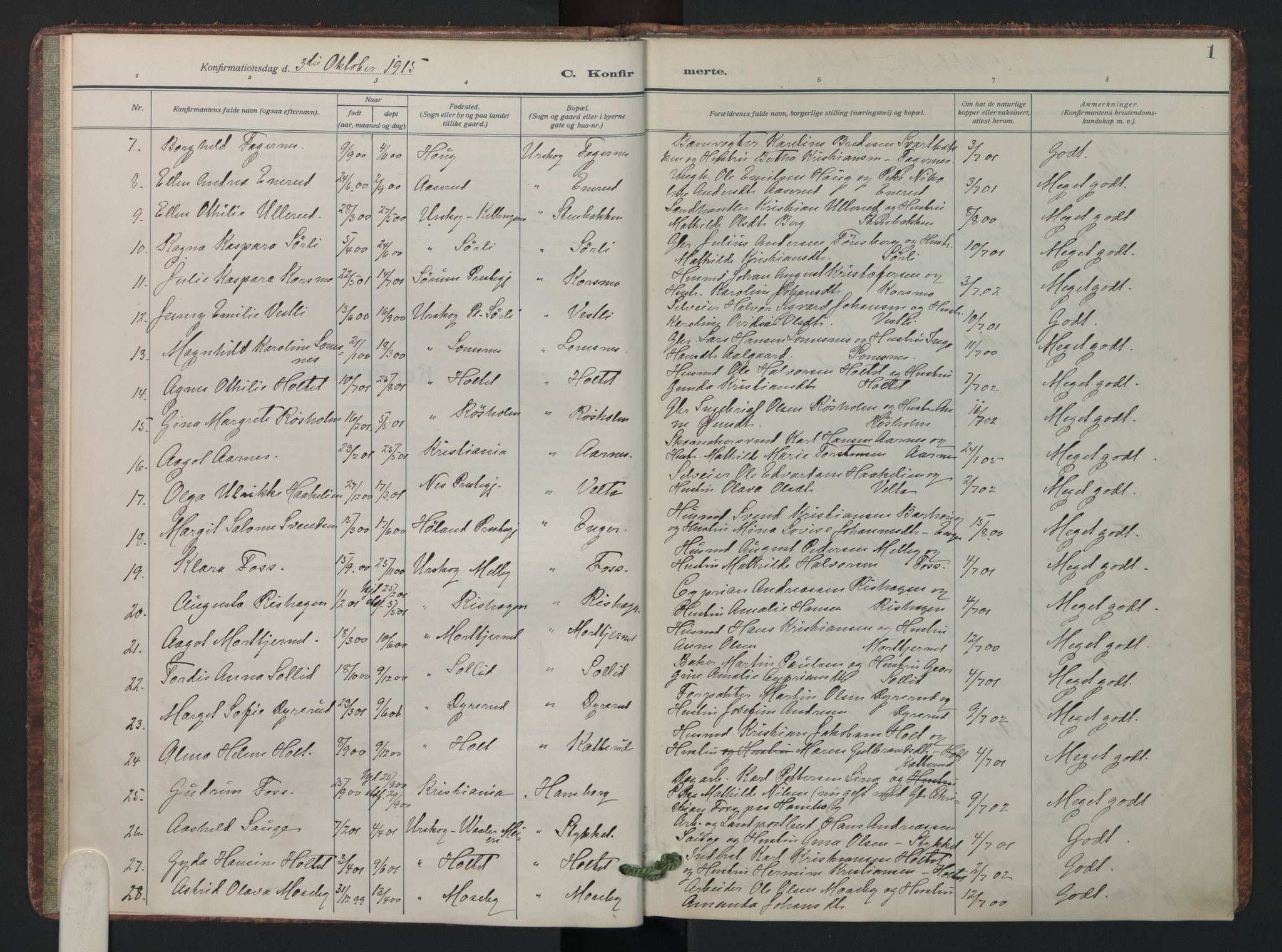Aurskog prestekontor Kirkebøker, SAO/A-10304a/F/Fa/L0015: Parish register (official) no. I 15, 1915-1929, p. 1