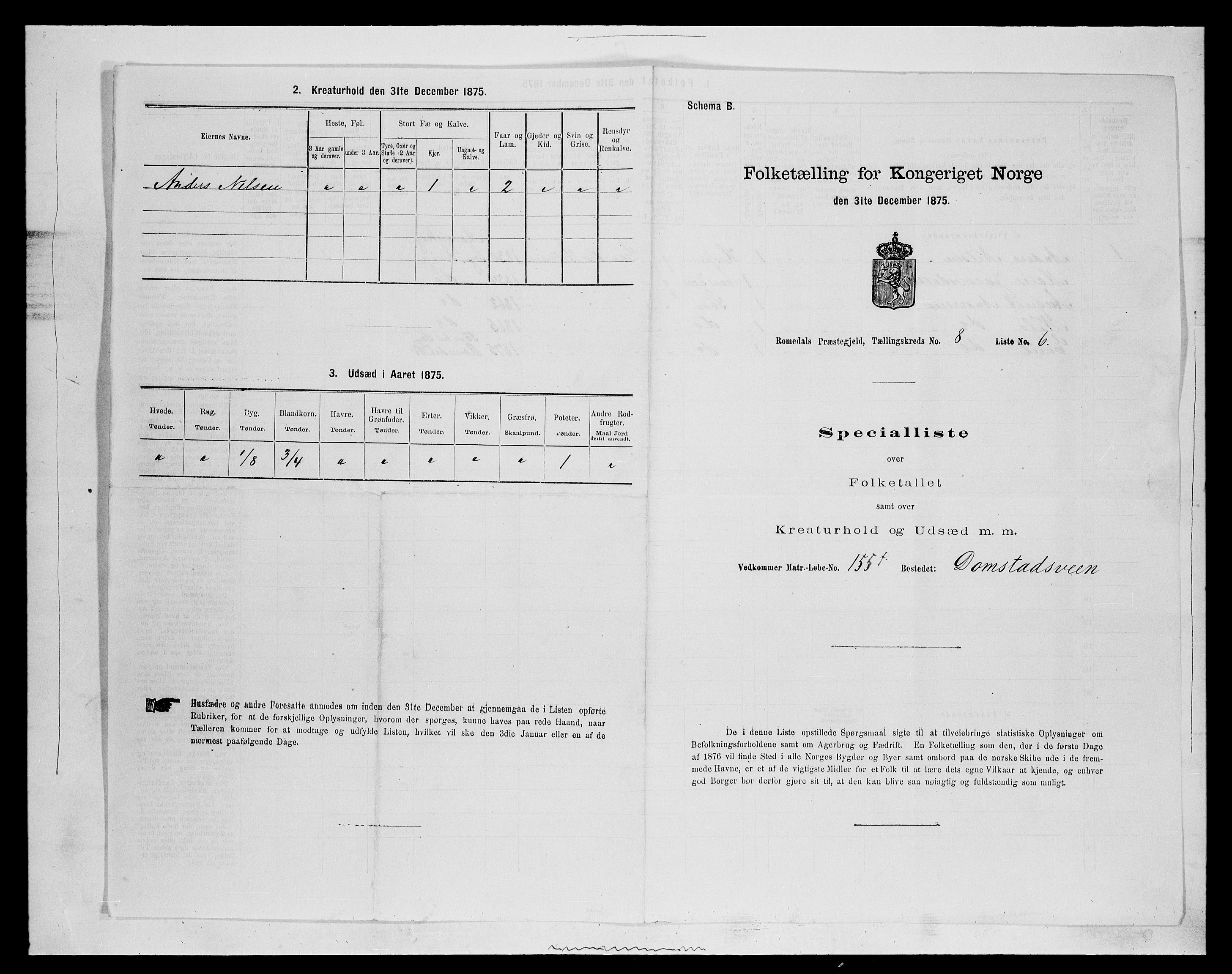 SAH, 1875 census for 0416P Romedal, 1875, p. 1216