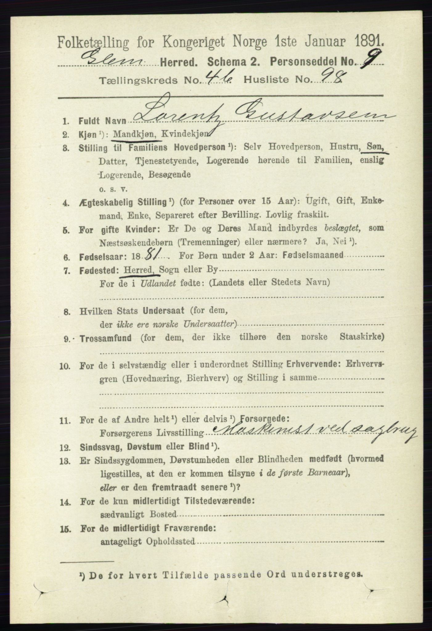 RA, 1891 census for 0132 Glemmen, 1891, p. 5885