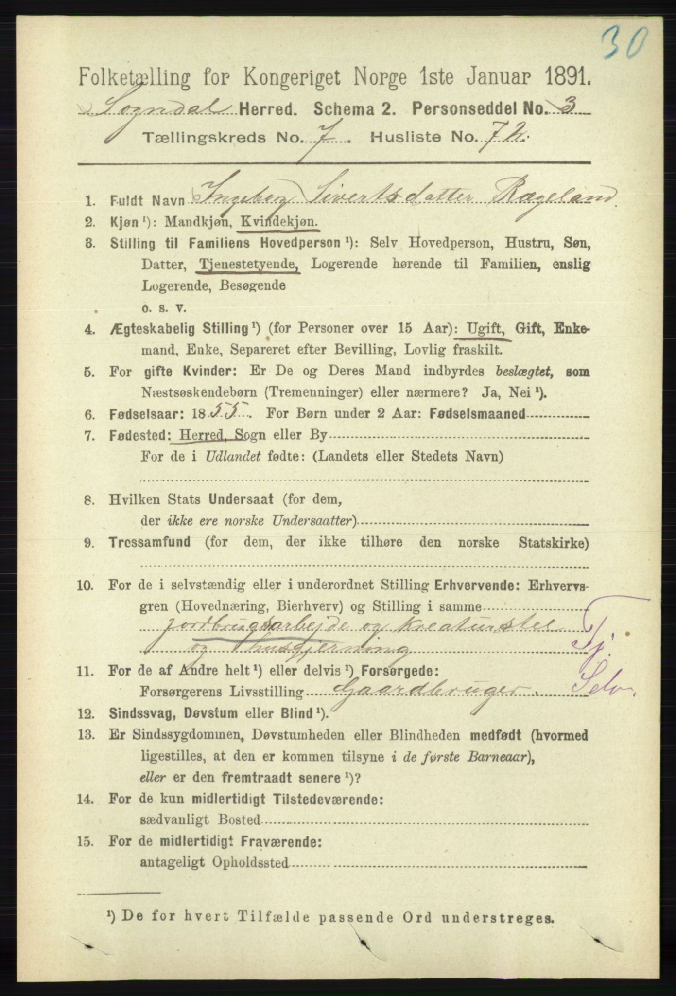 RA, 1891 census for 1111 Sokndal, 1891, p. 2576