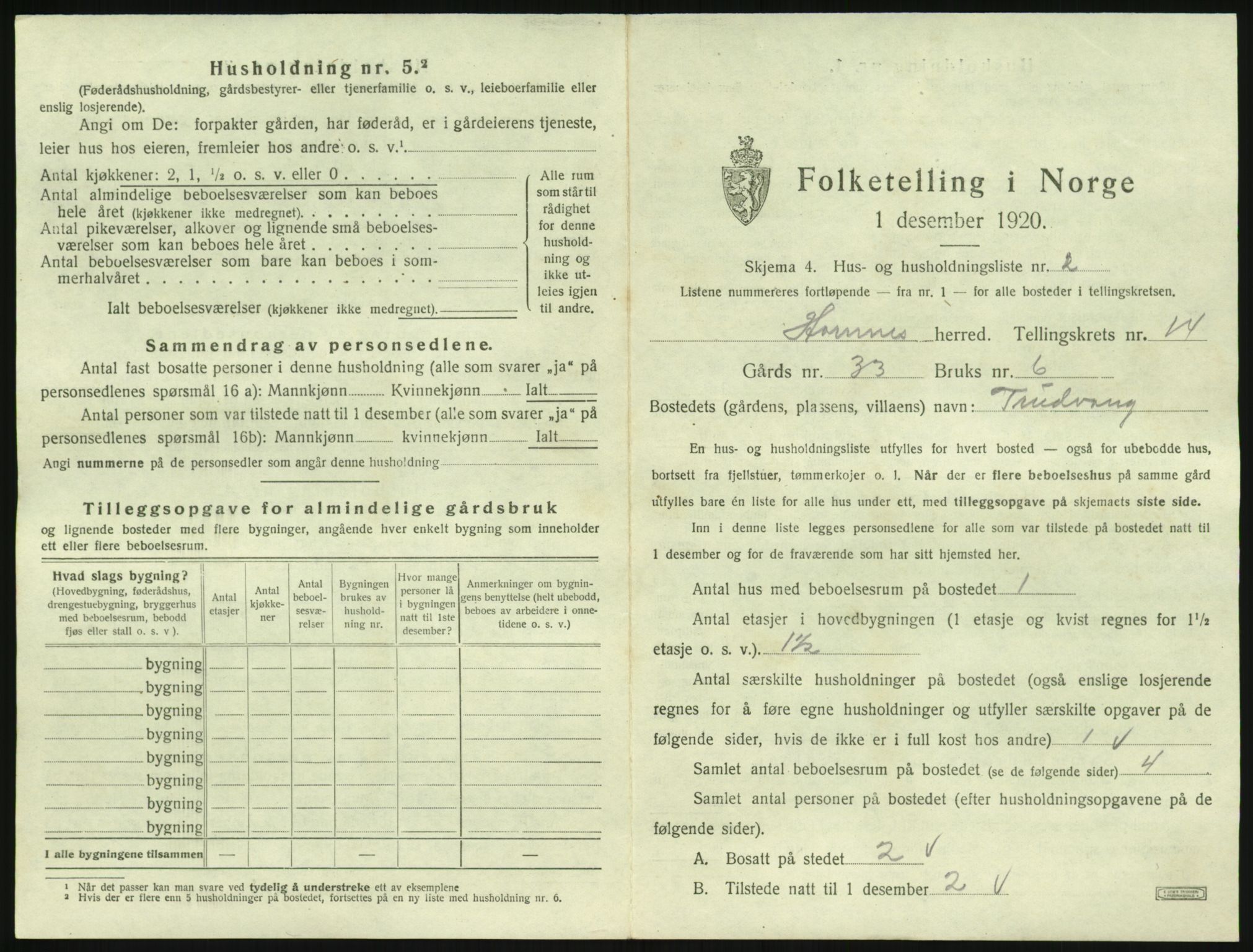SAK, 1920 census for Hornnes, 1920, p. 541
