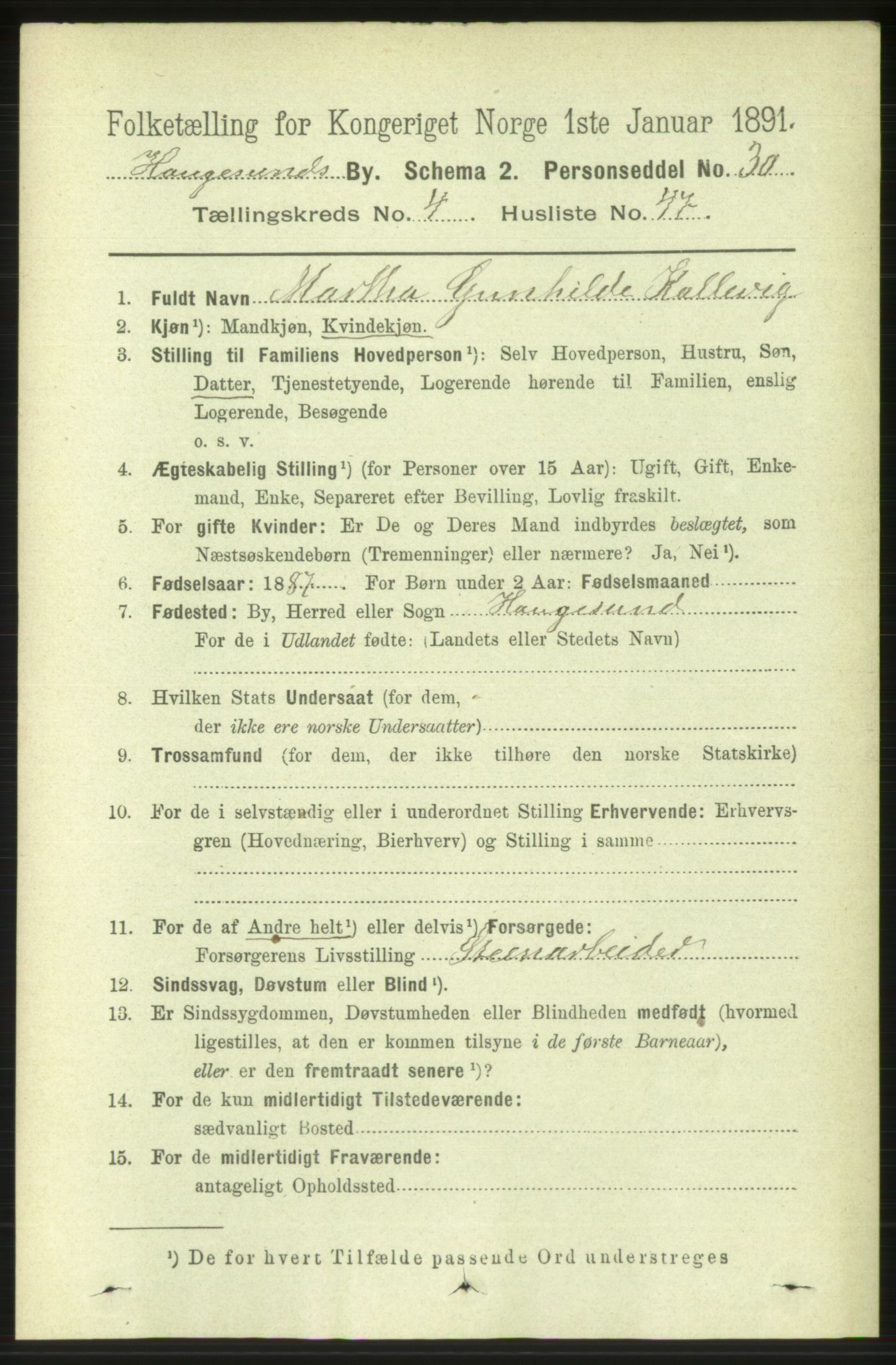 RA, 1891 census for 1106 Haugesund, 1891, p. 1842