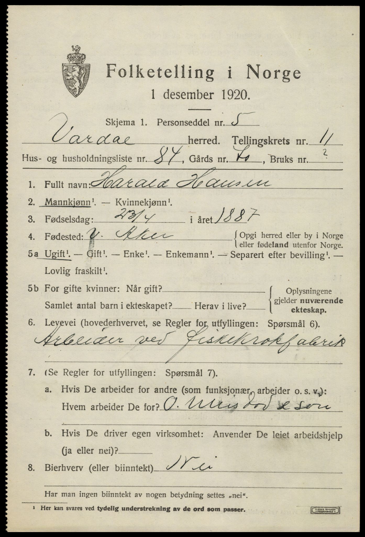 SAH, 1920 census for Vardal, 1920, p. 12101