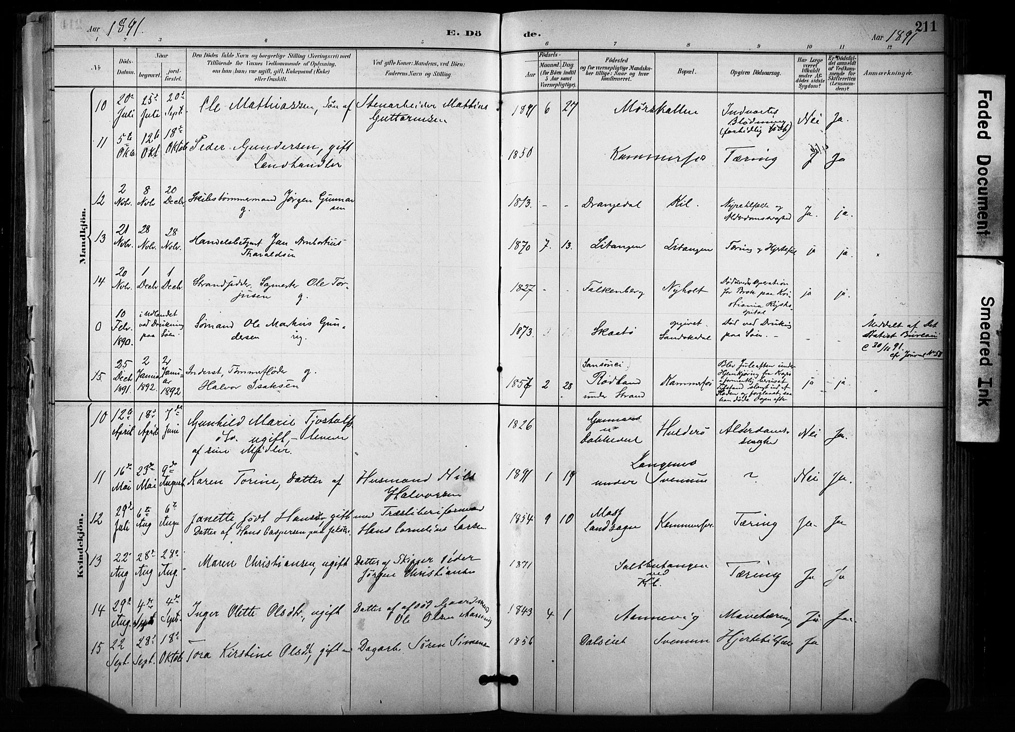 Sannidal kirkebøker, AV/SAKO-A-296/F/Fa/L0015: Parish register (official) no. 15, 1884-1899, p. 211