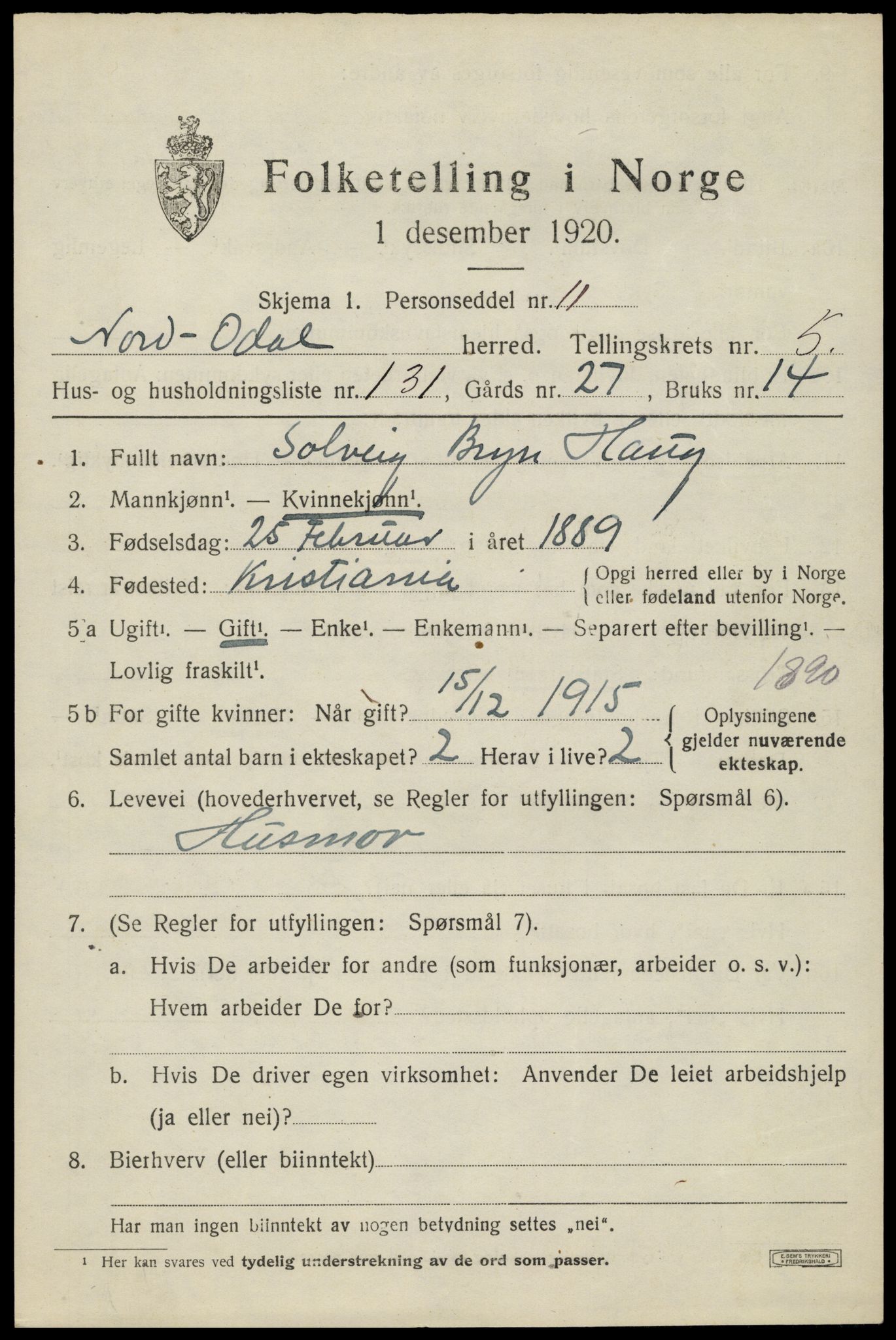 SAH, 1920 census for Nord-Odal, 1920, p. 6561