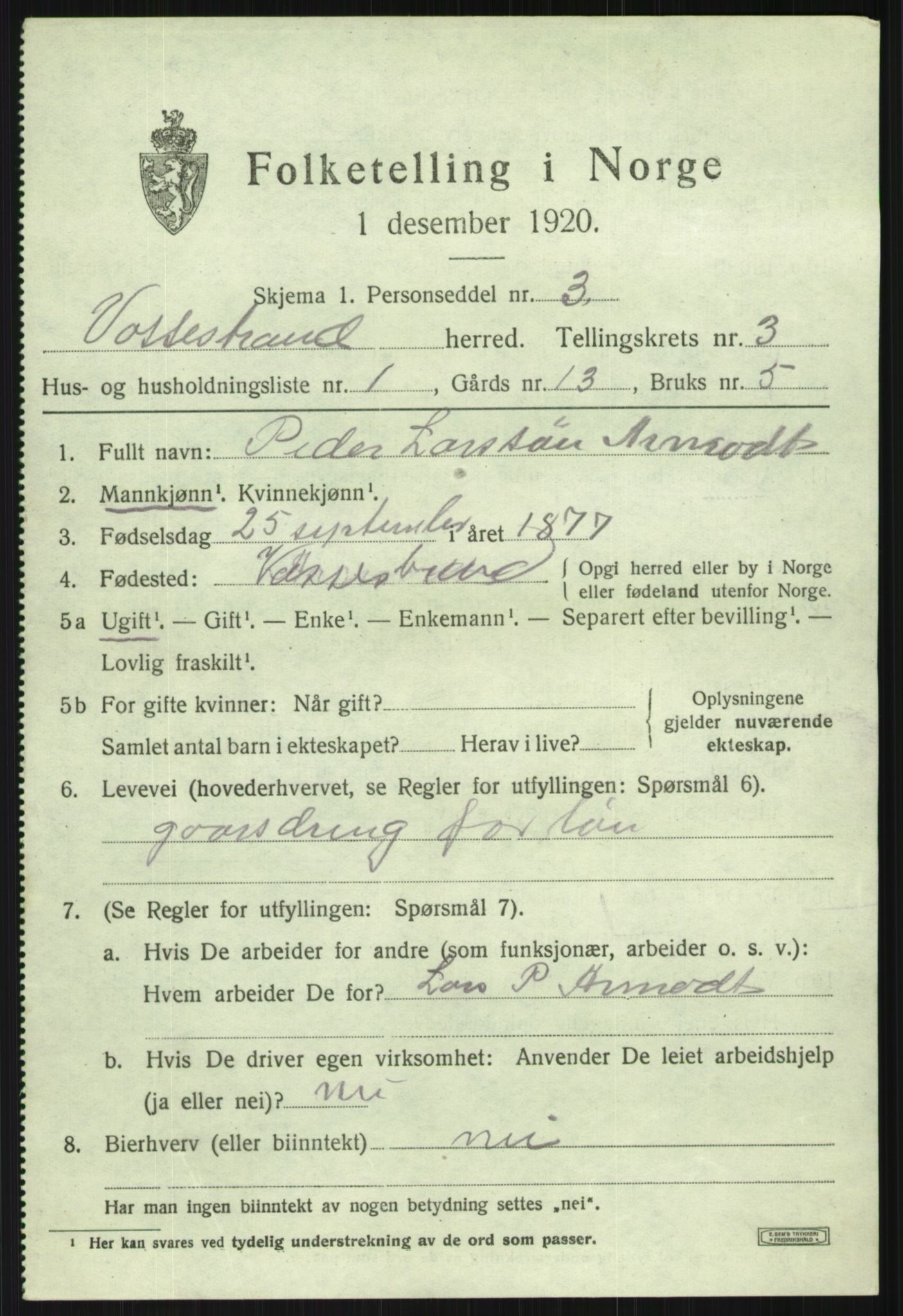 SAB, 1920 census for Vossestrand, 1920, p. 1438