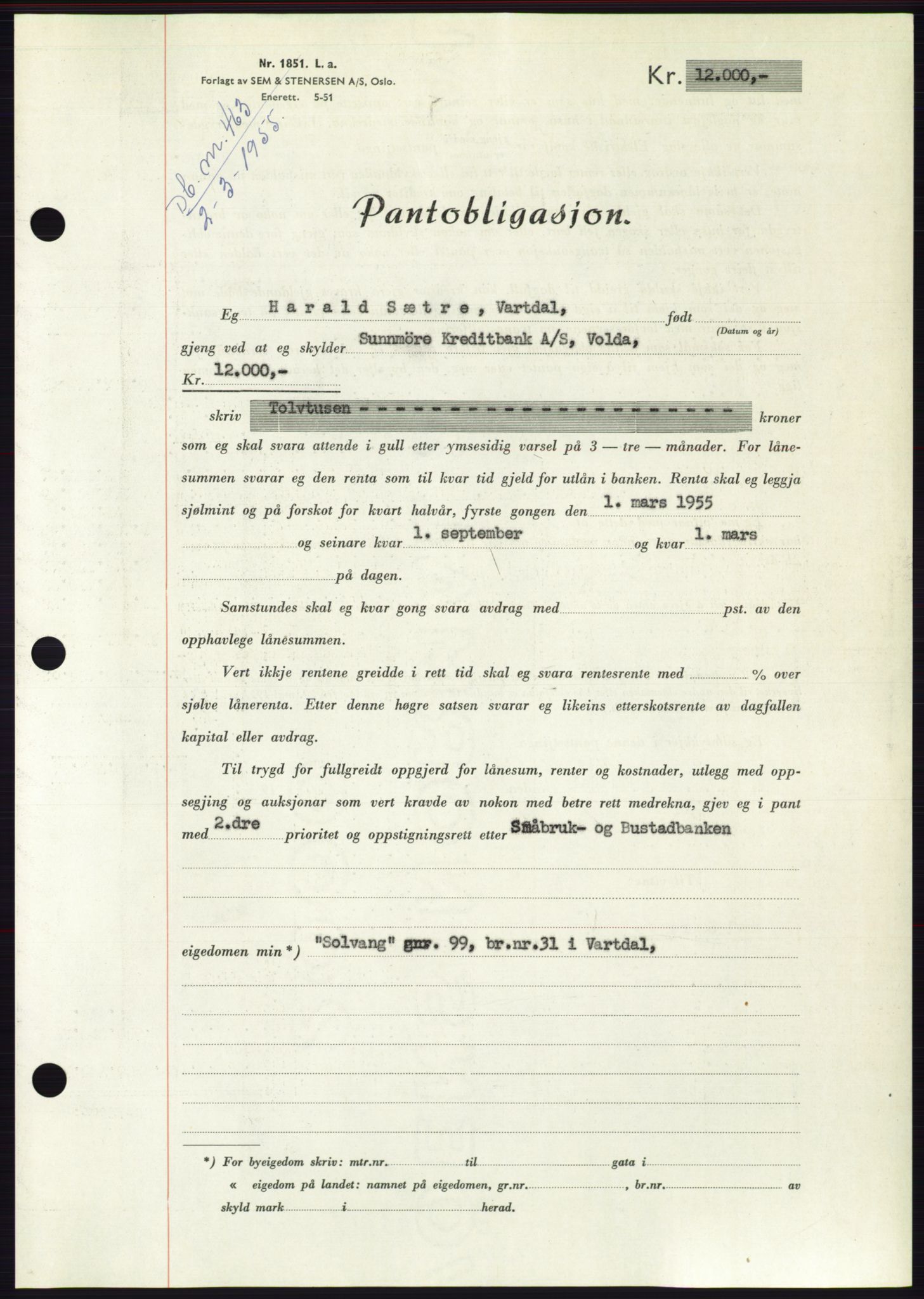 Søre Sunnmøre sorenskriveri, AV/SAT-A-4122/1/2/2C/L0126: Mortgage book no. 14B, 1954-1955, Diary no: : 463/1955