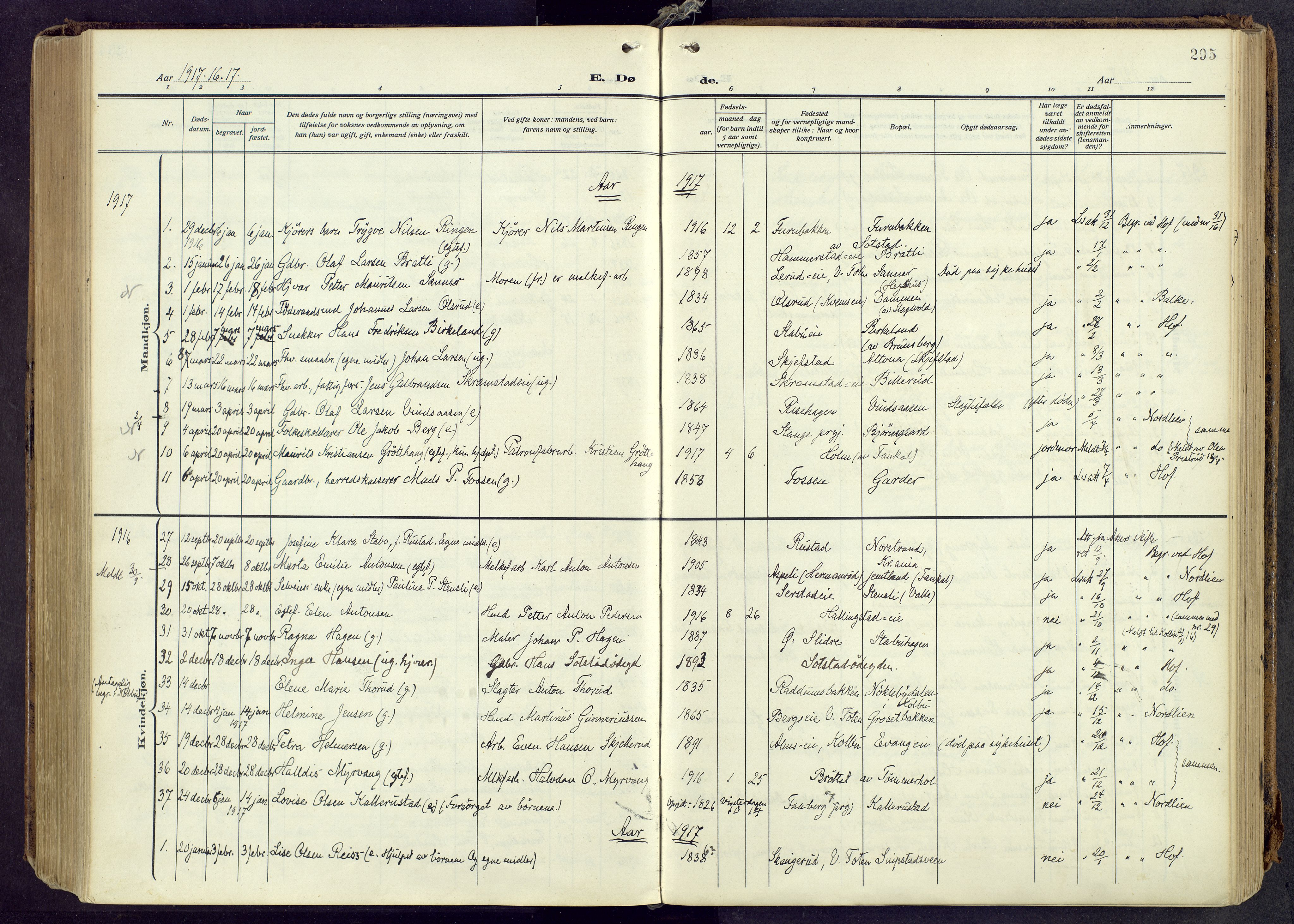 Østre Toten prestekontor, AV/SAH-PREST-104/H/Ha/Haa/L0010: Parish register (official) no. 10, 1910-1920, p. 295