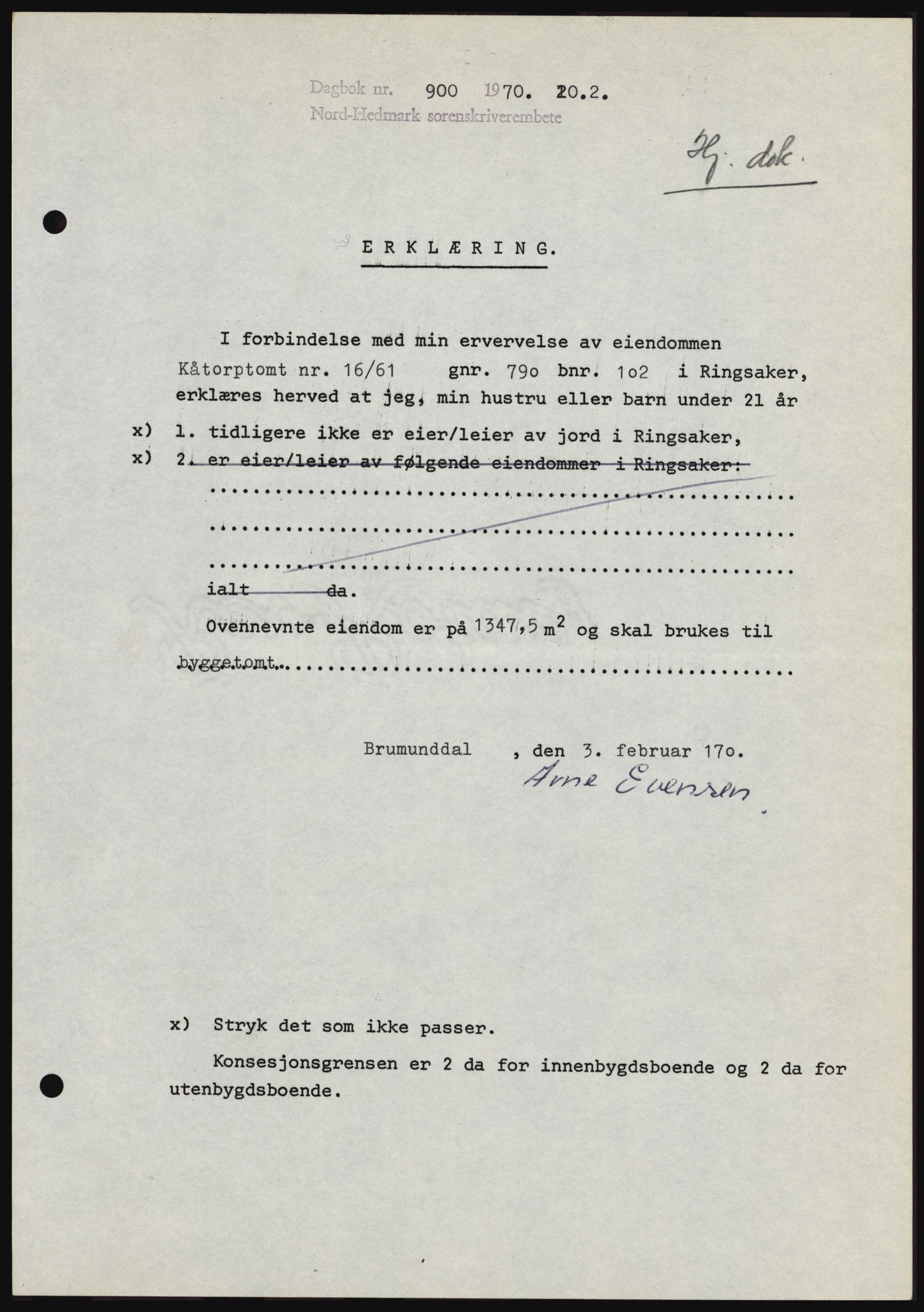 Nord-Hedmark sorenskriveri, SAH/TING-012/H/Hc/L0033: Mortgage book no. 33, 1970-1970, Diary no: : 900/1970