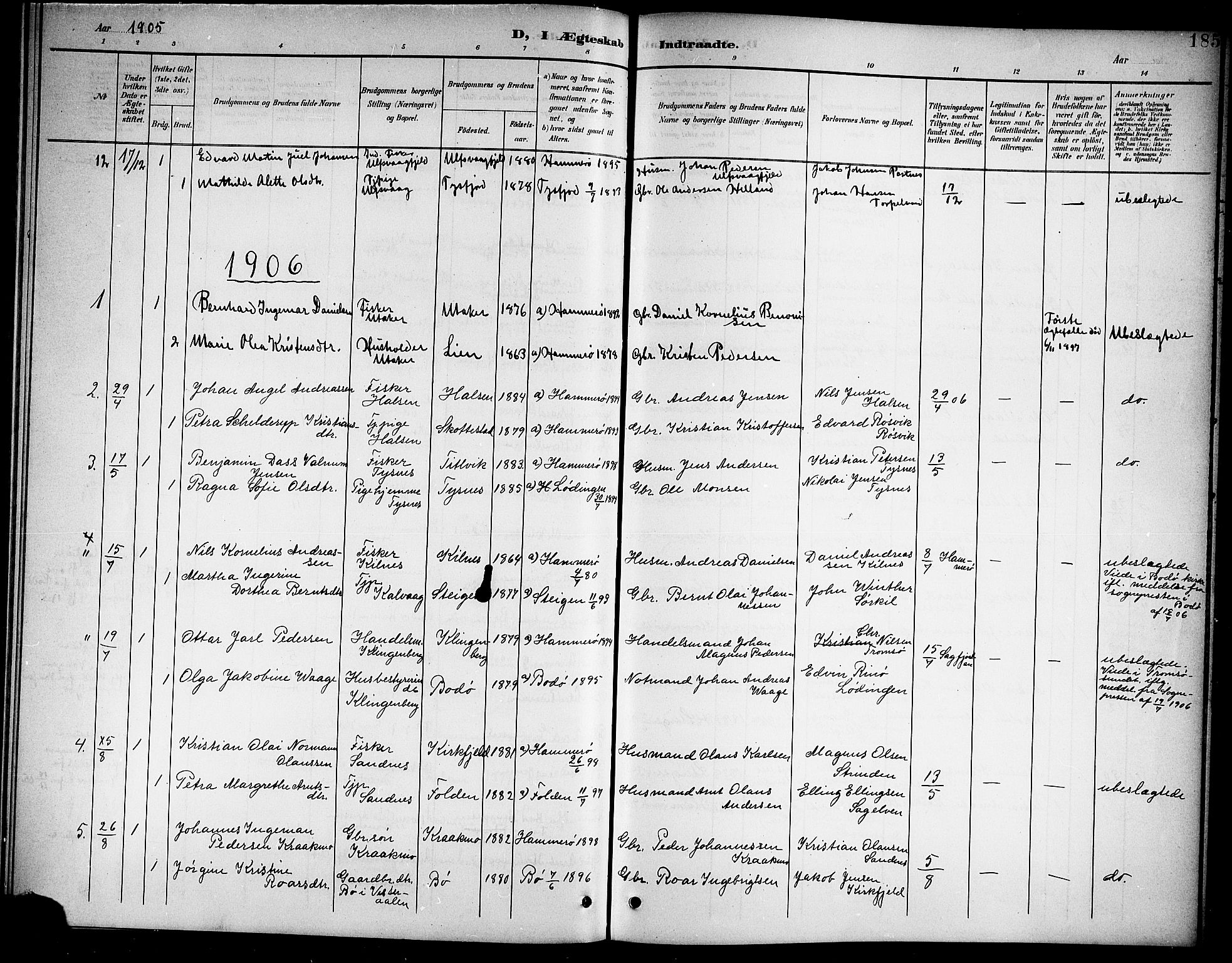 Ministerialprotokoller, klokkerbøker og fødselsregistre - Nordland, SAT/A-1459/859/L0860: Parish register (copy) no. 859C06, 1899-1909, p. 185