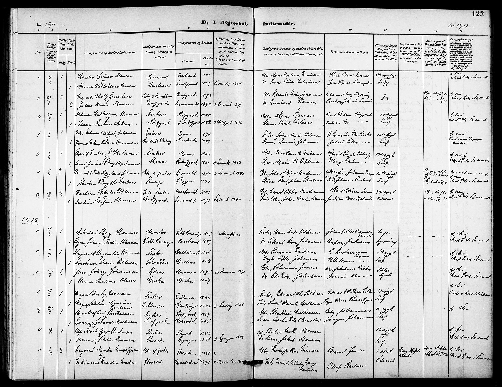 Lenvik sokneprestembete, SATØ/S-1310/H/Ha/Hab/L0022klokker: Parish register (copy) no. 22, 1901-1918, p. 123