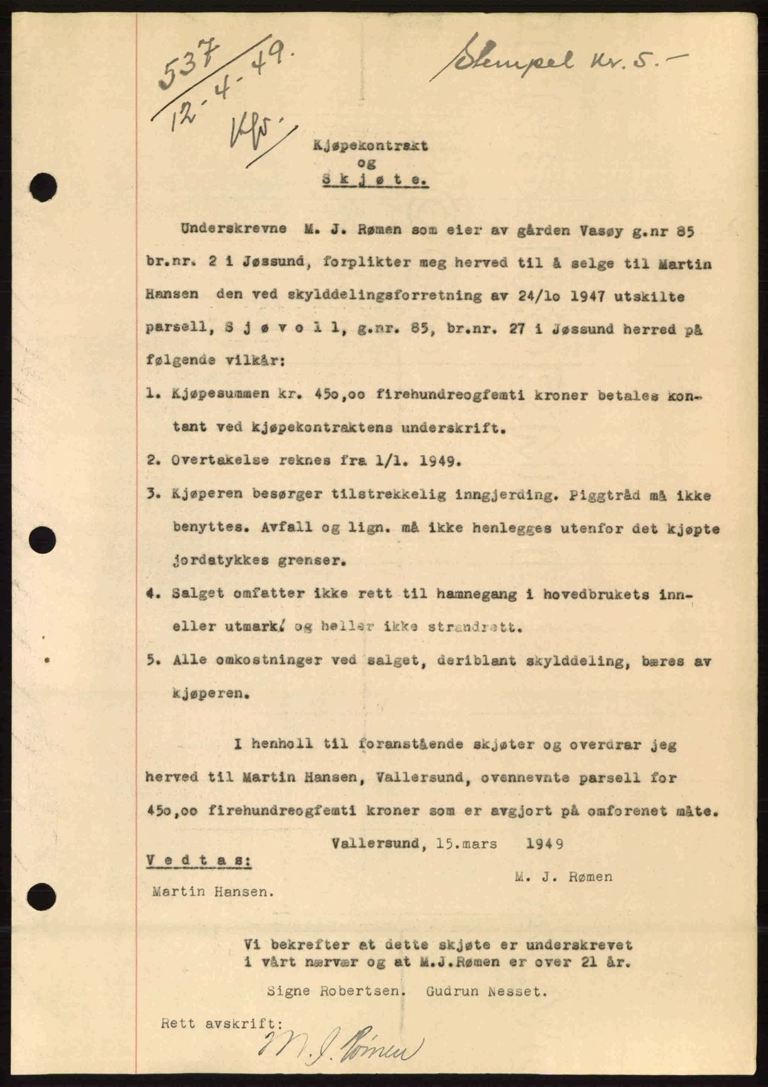 Fosen sorenskriveri, AV/SAT-A-1107/1/2/2C: Mortgage book no. A9, 1948-1949, Diary no: : 537/1949