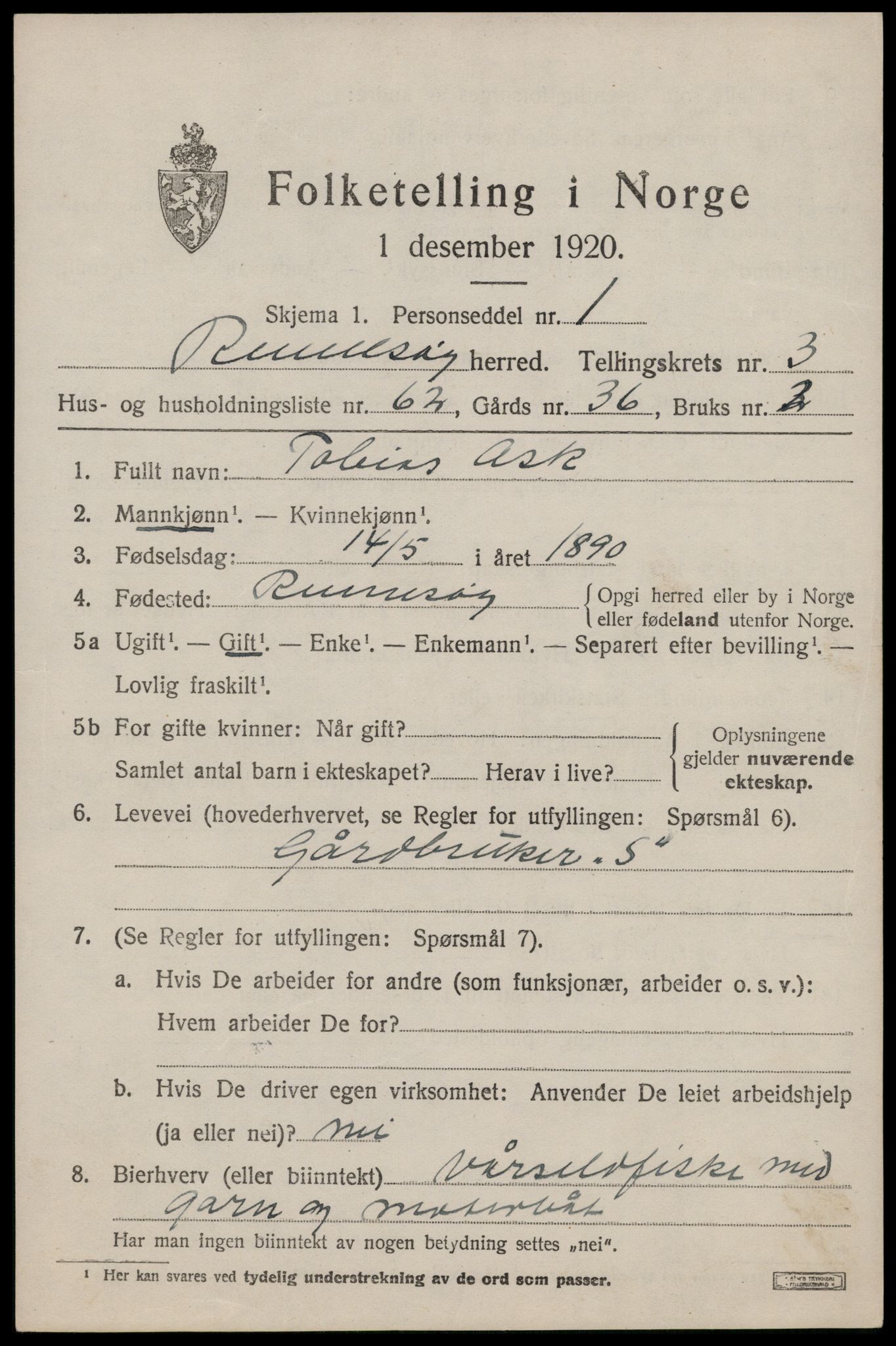 SAST, 1920 census for Rennesøy, 1920, p. 2674