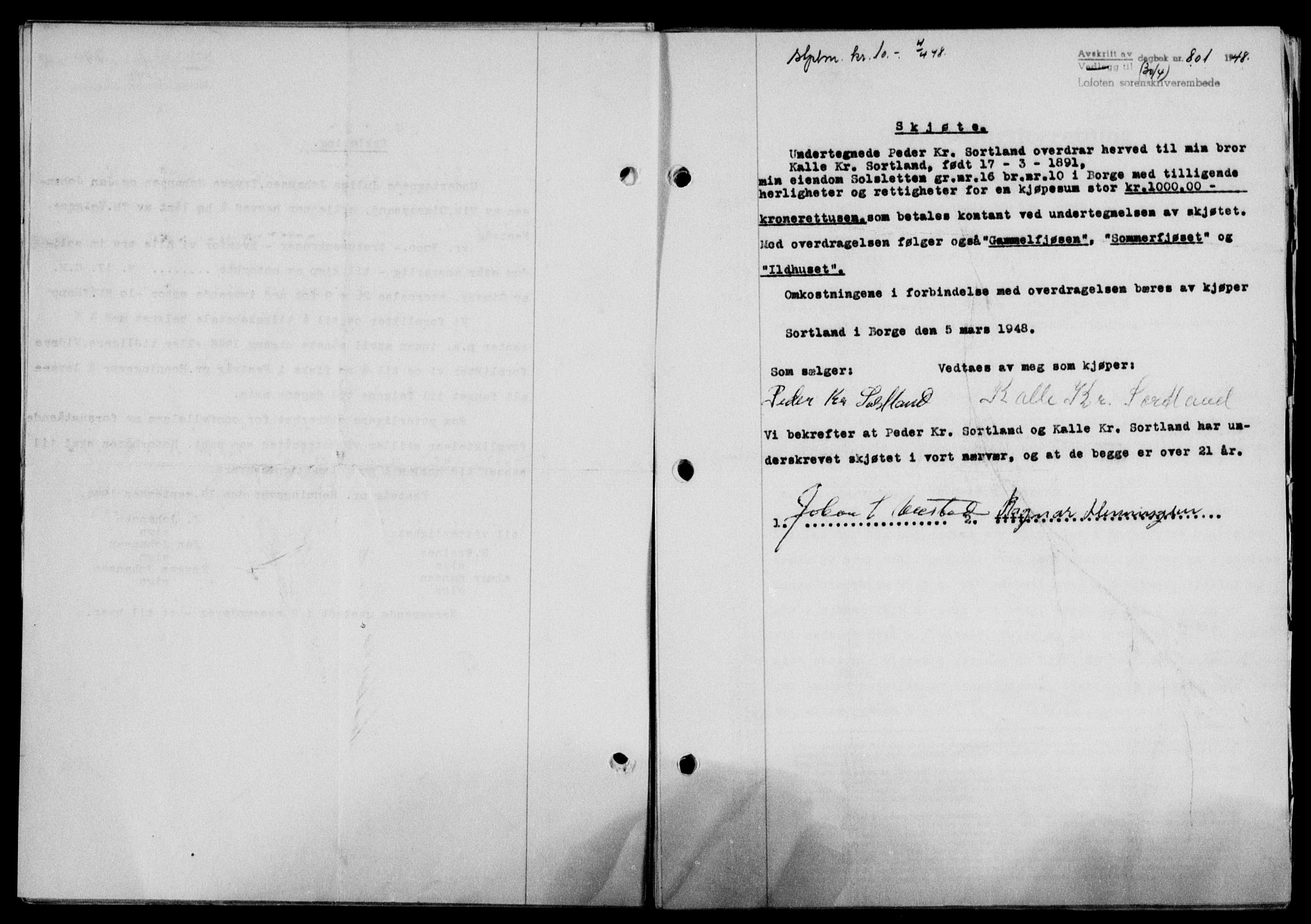 Lofoten sorenskriveri, SAT/A-0017/1/2/2C/L0018a: Mortgage book no. 18a, 1948-1948, Diary no: : 801/1948