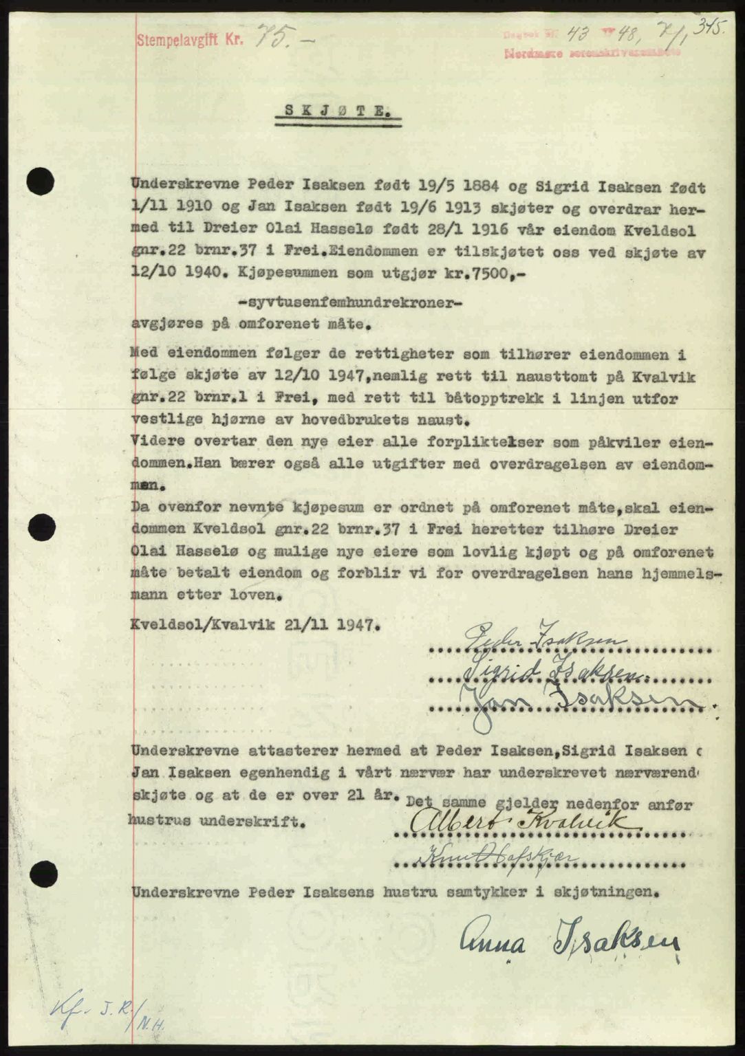 Nordmøre sorenskriveri, AV/SAT-A-4132/1/2/2Ca: Mortgage book no. A107, 1947-1948, Diary no: : 43/1948