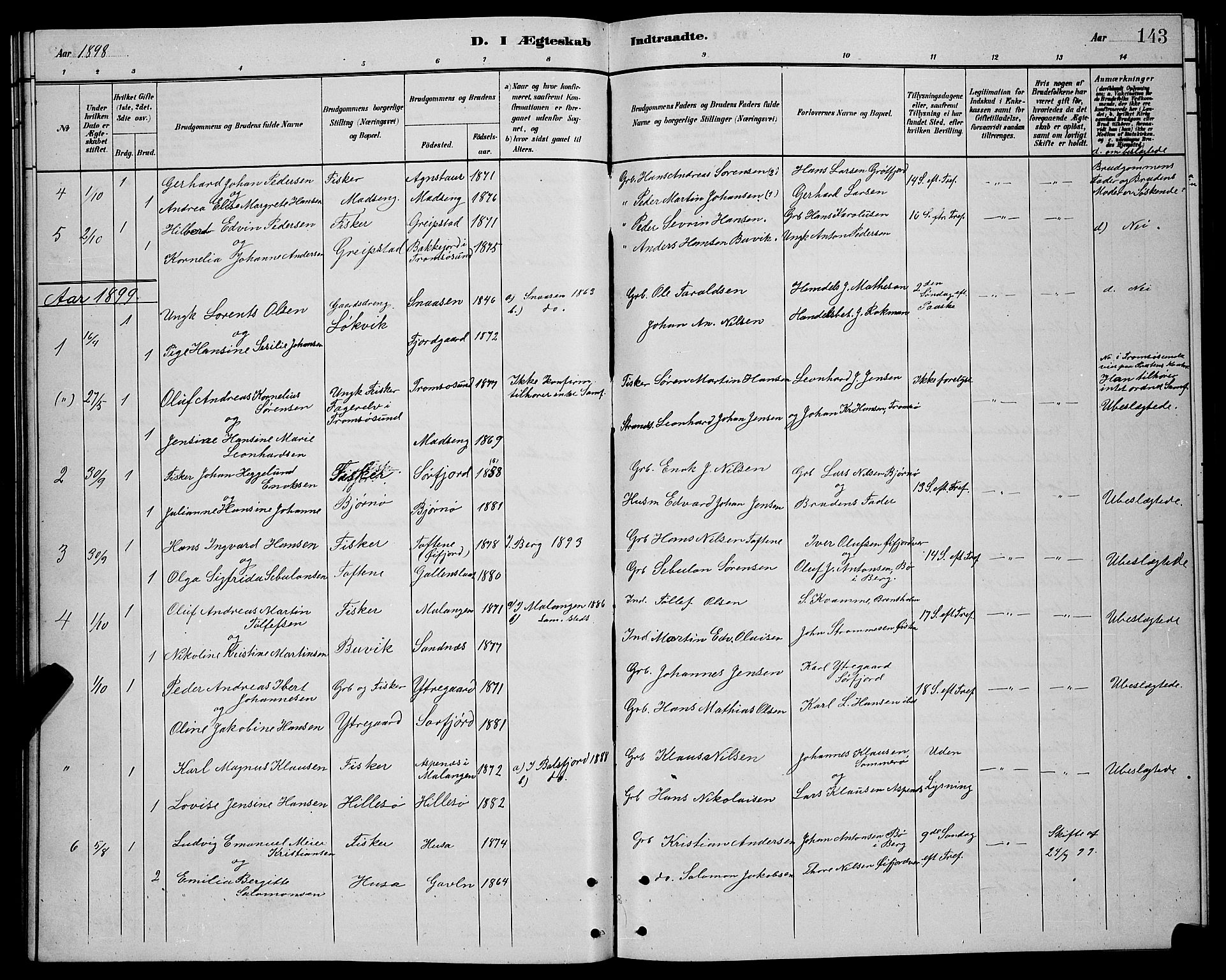 Lenvik sokneprestembete, SATØ/S-1310/H/Ha/Hab/L0021klokker: Parish register (copy) no. 21, 1884-1900, p. 143