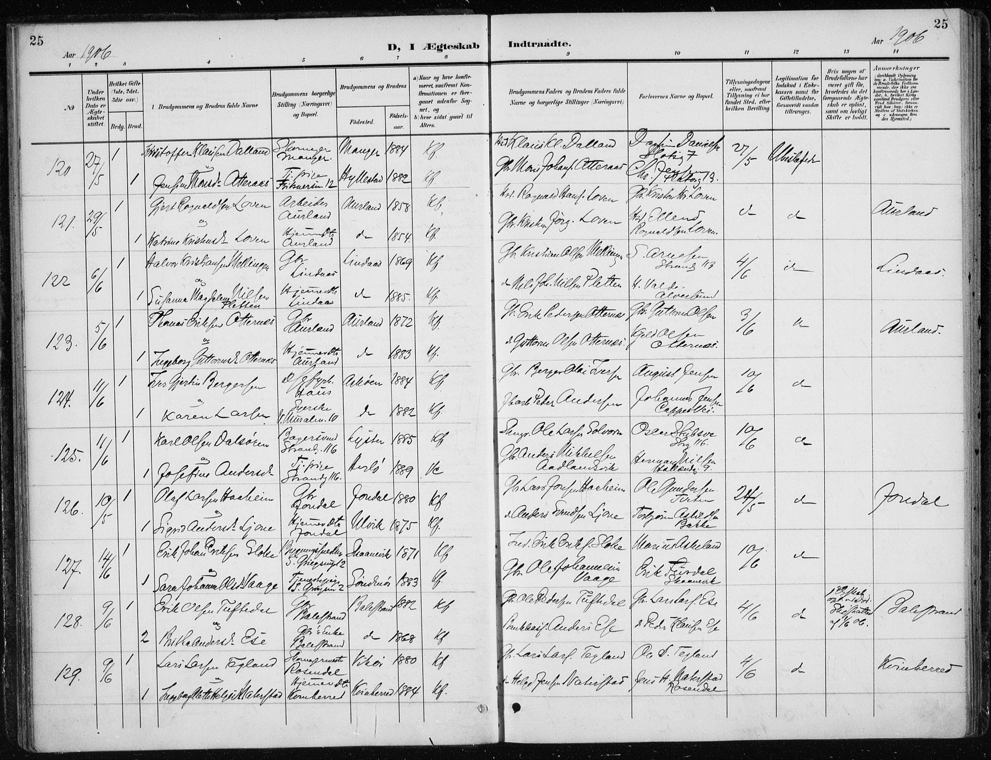 Nykirken Sokneprestembete, AV/SAB-A-77101/H/Haa/L0035: Parish register (official) no. D 5, 1905-1913, p. 25