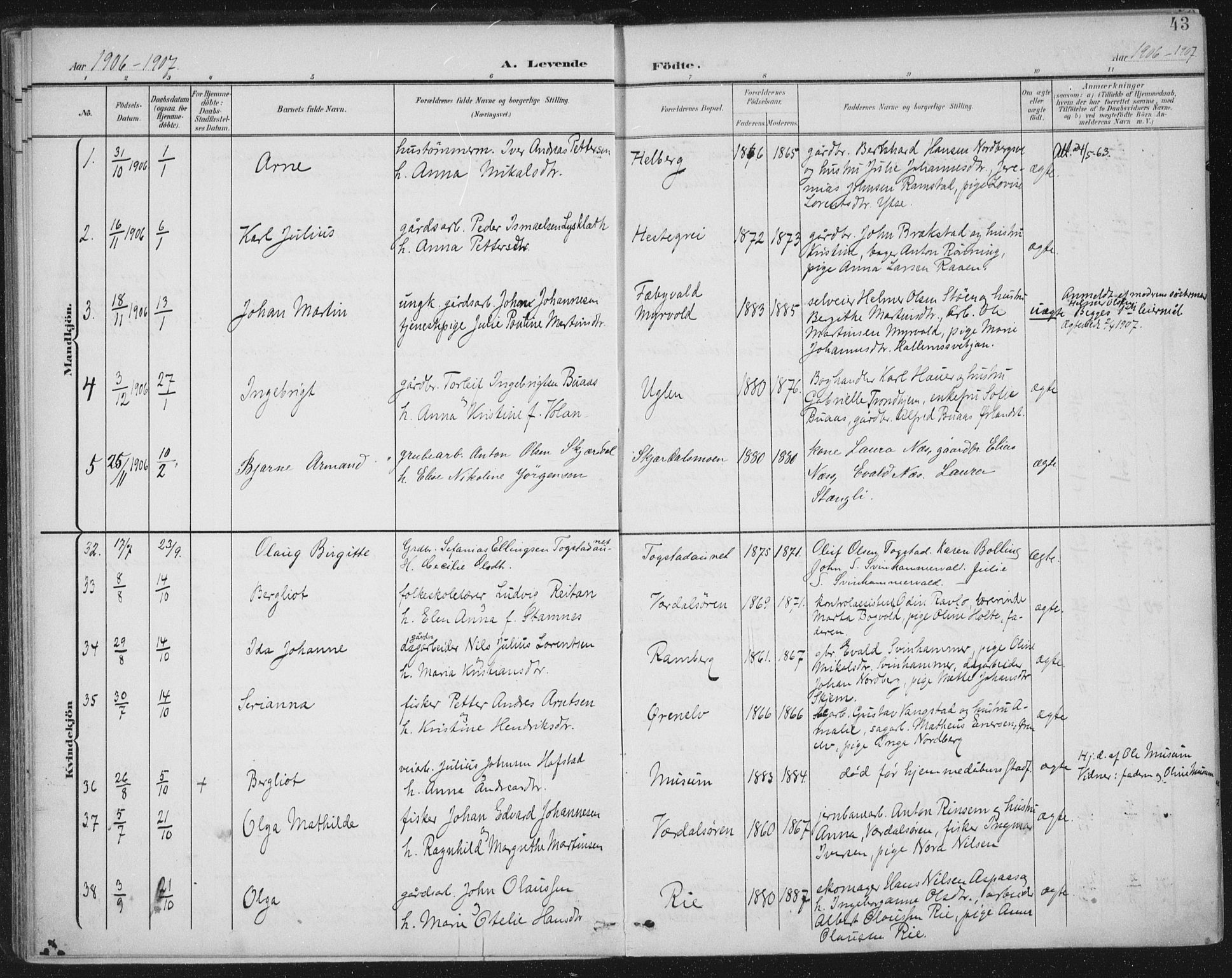 Ministerialprotokoller, klokkerbøker og fødselsregistre - Nord-Trøndelag, SAT/A-1458/723/L0246: Parish register (official) no. 723A15, 1900-1917, p. 43