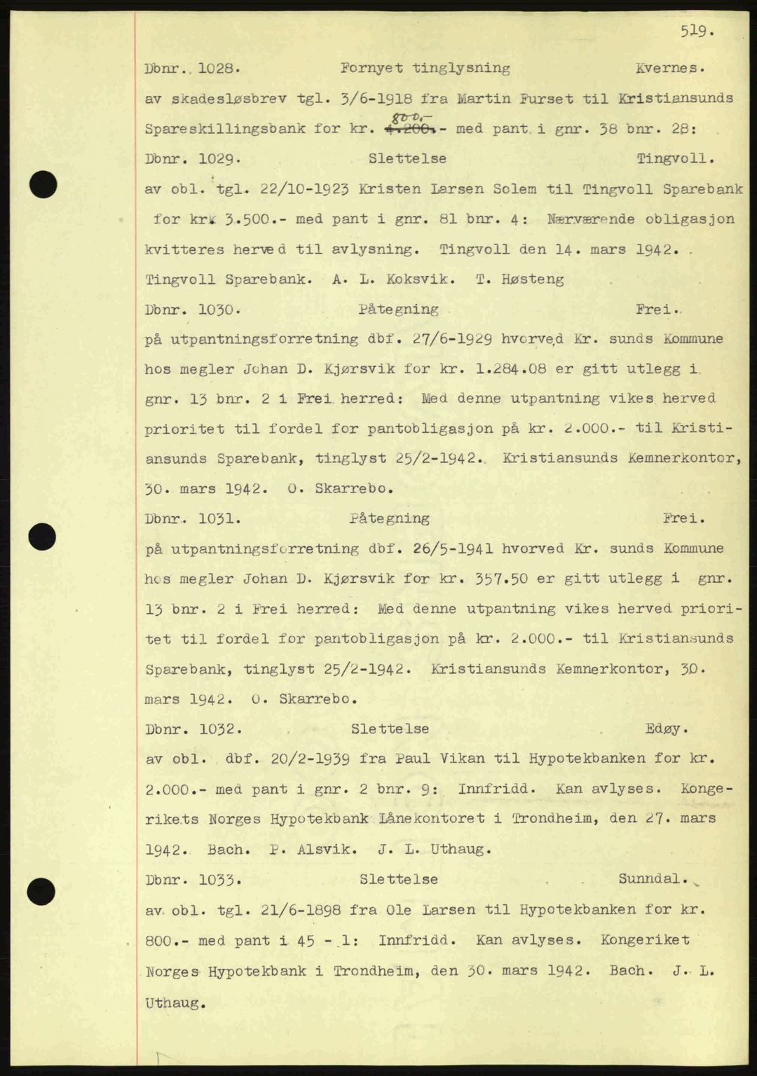 Nordmøre sorenskriveri, AV/SAT-A-4132/1/2/2Ca: Mortgage book no. C81, 1940-1945, Diary no: : 1028/1942