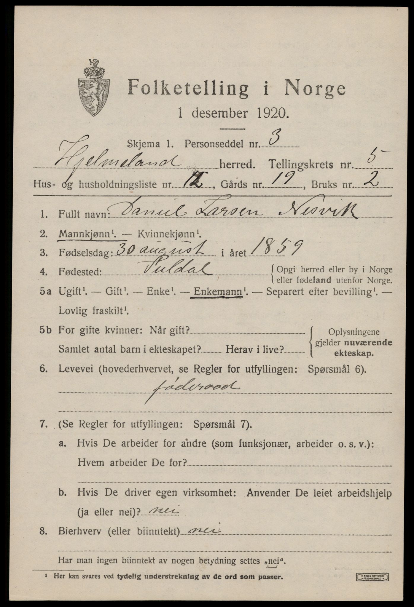 SAST, 1920 census for Hjelmeland, 1920, p. 1959