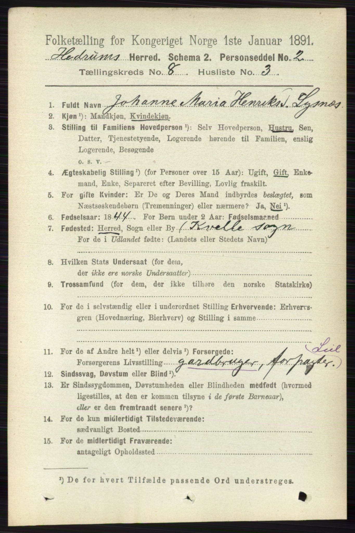 RA, 1891 census for 0727 Hedrum, 1891, p. 3485