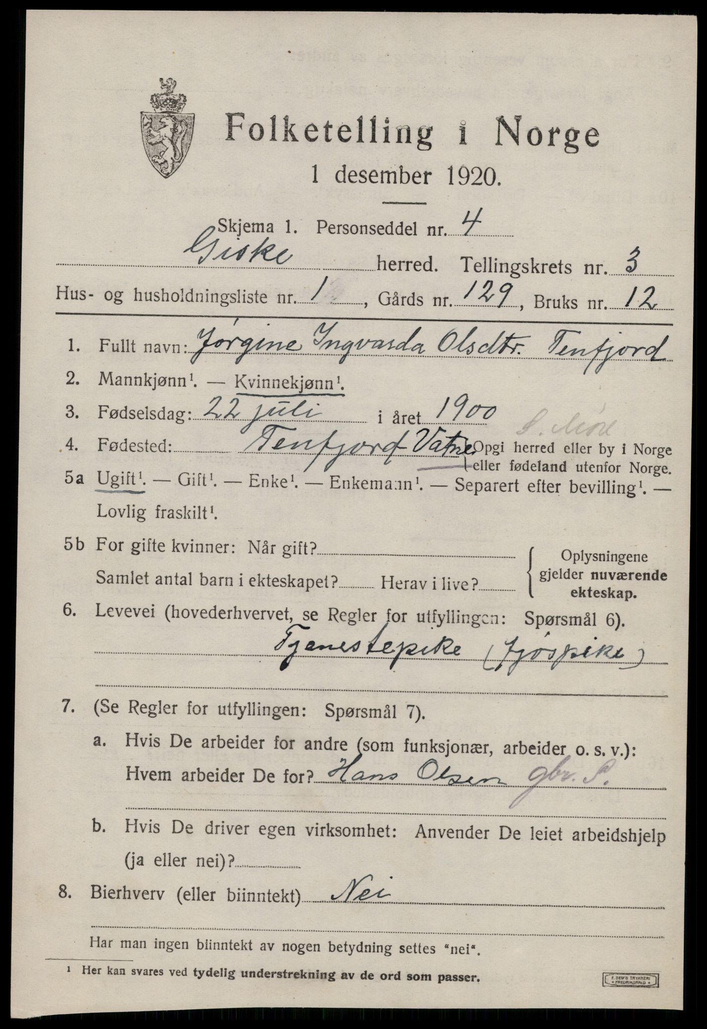 SAT, 1920 census for Giske, 1920, p. 1656