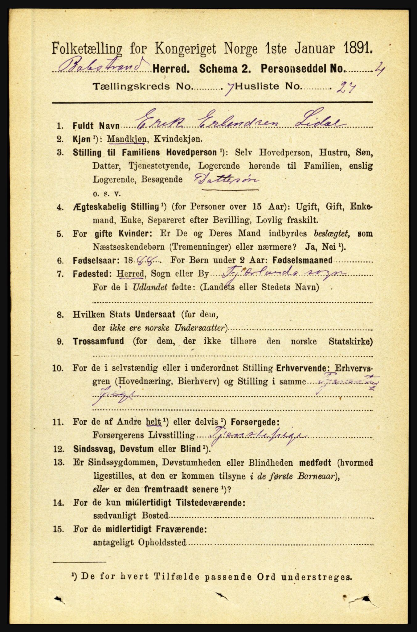 RA, 1891 census for 1418 Balestrand, 1891, p. 1675