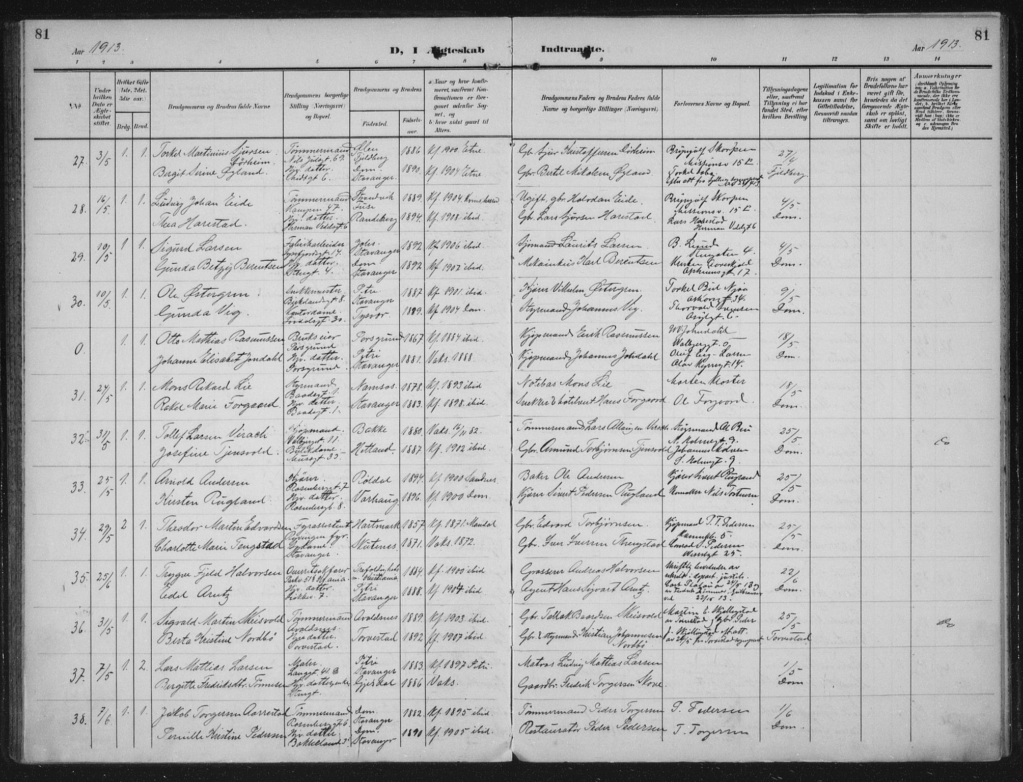 Domkirken sokneprestkontor, AV/SAST-A-101812/002/A/L0016: Parish register (official) no. A 33, 1905-1922, p. 81